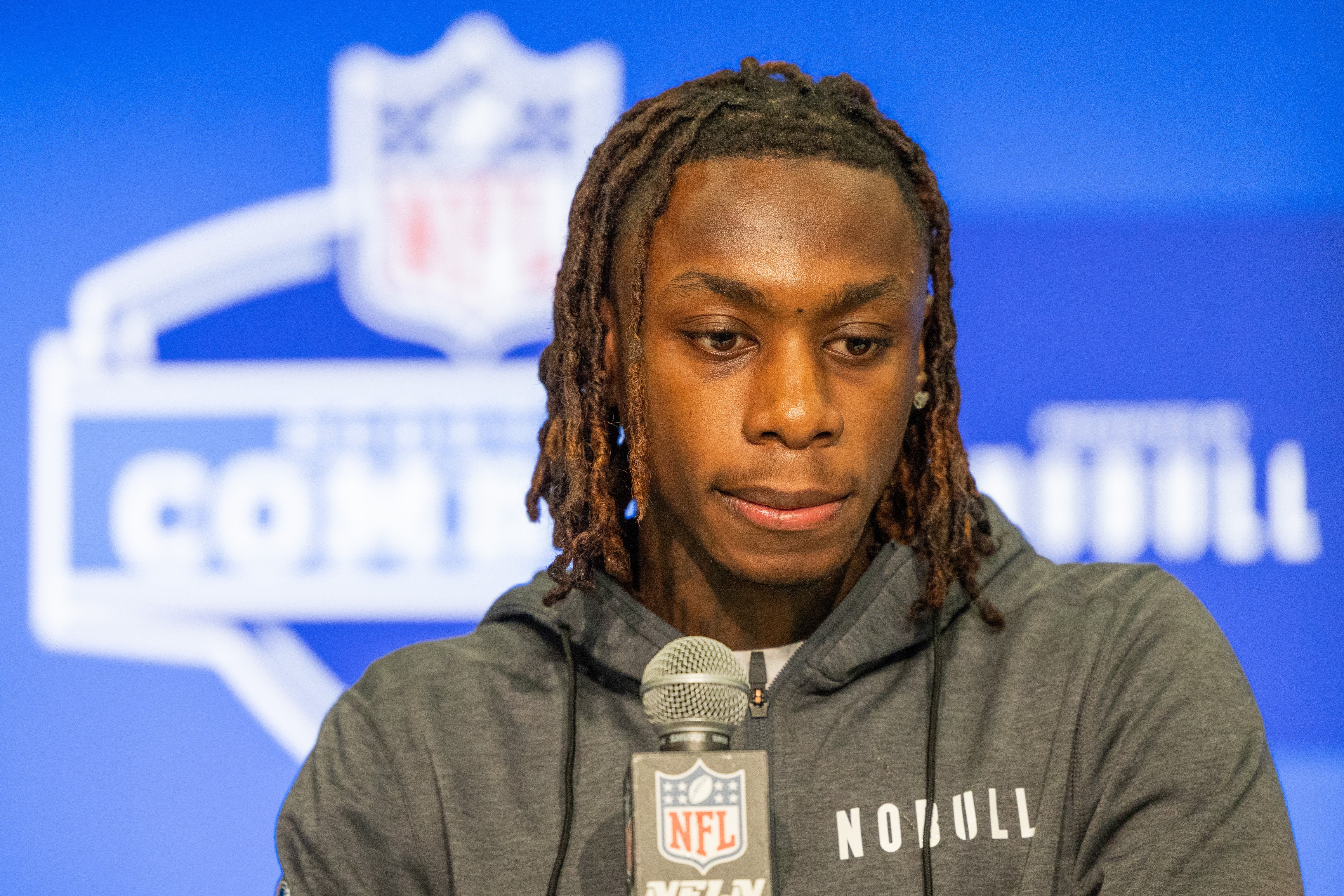 Mar 1, 2024; Indianapolis, IN, USA; Texas wide receiver Xavier Worthy (WO40) talks to the media during the 2024 NFL Combine at Lucas Oil Stadium. Mandatory Credit: Trevor Ruszkowski-USA TODAY Sports