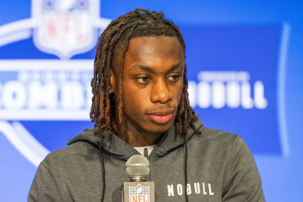 Texas wide receiver Xavier Worthy (WO40) talks to the media during the 2024 NFL Combine at Lucas Oil Stadium.