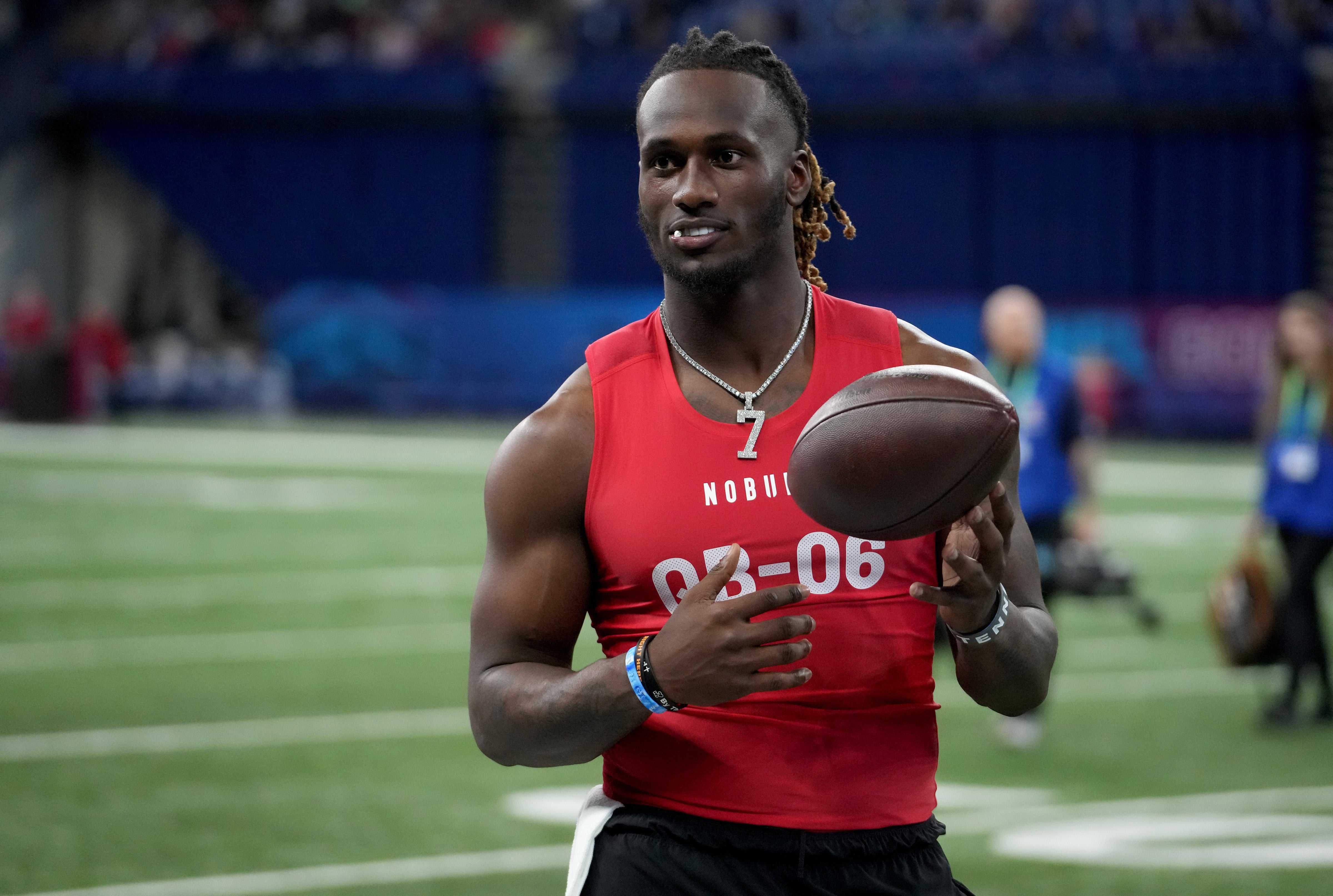 Mar 2, 2024; Indianapolis, IN, USA; Tennessee quarterback Joe Milton (QB06) during the 2024 NFL Combine at Lucas Oil Stadium.