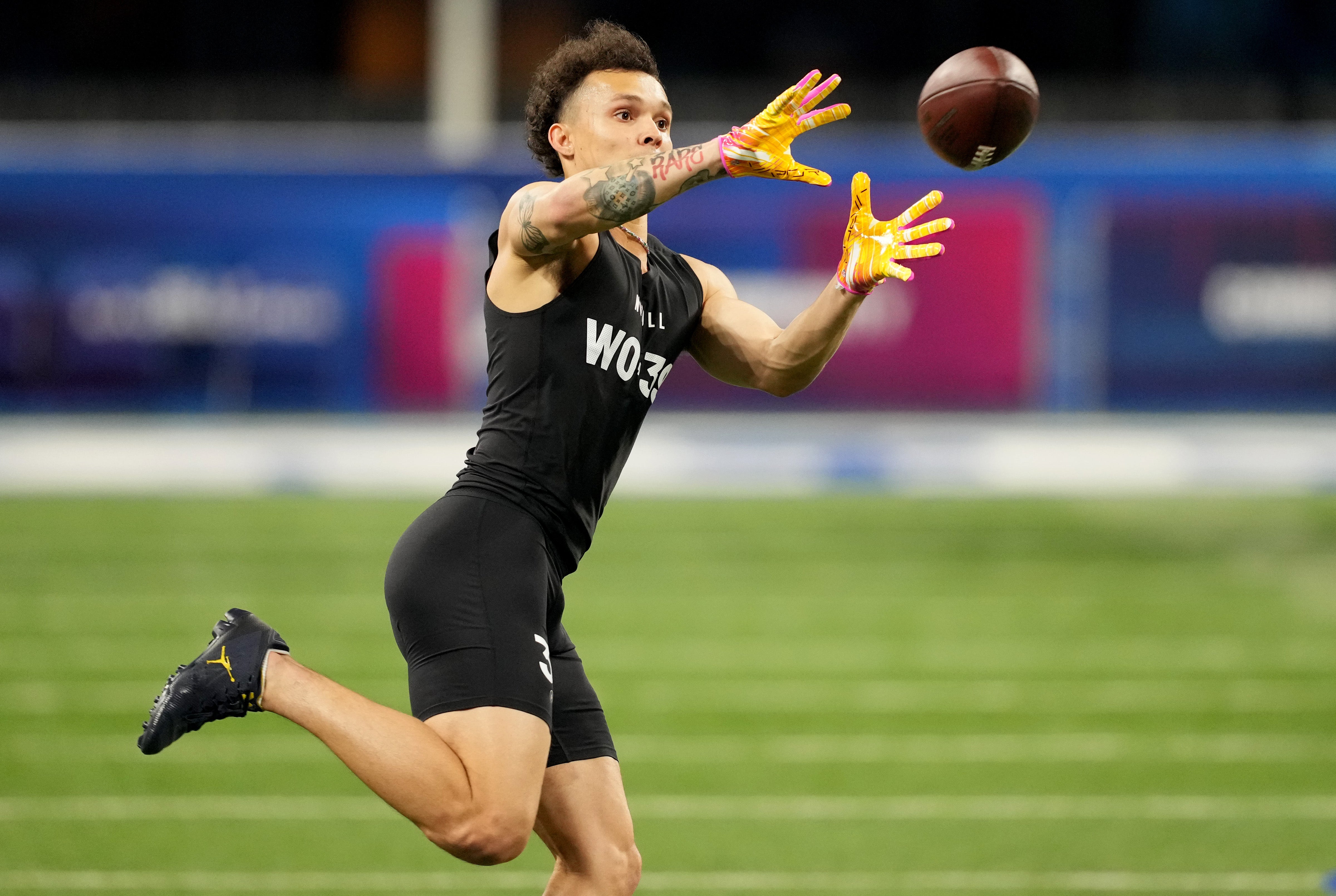 Mar 2, 2024; Indianapolis, IN, USA; Michigan wide receiver Roman Wilson (WO39) during the 2024 NFL Combine at Lucas Oil Stadium.
