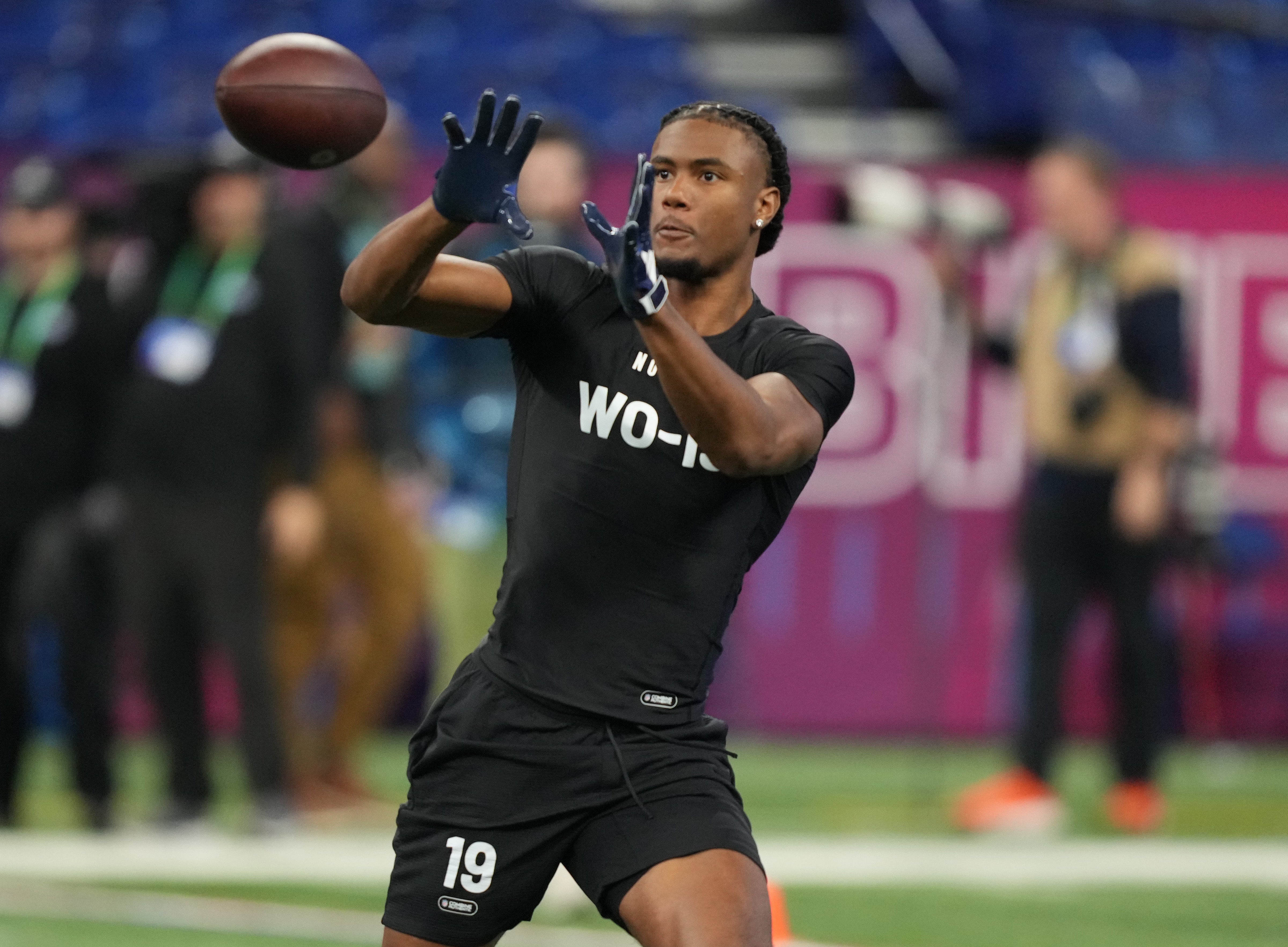 Mar 2, 2024; Indianapolis, IN, USA; Texas wide receiver Adonai Mitchell (WO19) during the 2024 NFL Combine at Lucas Oil Stadium.