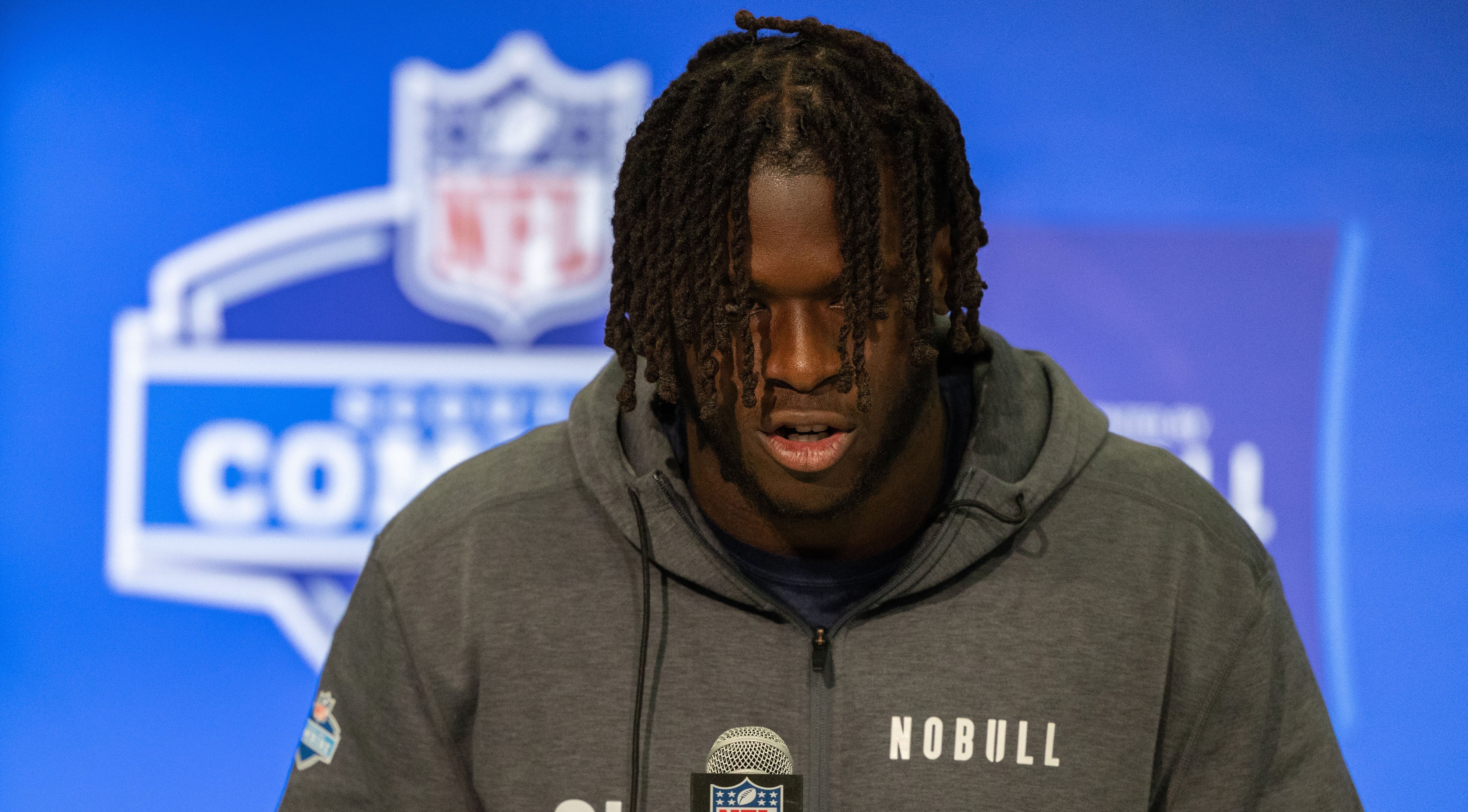 Penn State offensive lineman Olu Fashanu (OL18) talks to the media during the 2024 NFL Combine at Lucas Oil Stadium. Trevor Ruszkowski-USA TODAY Sports