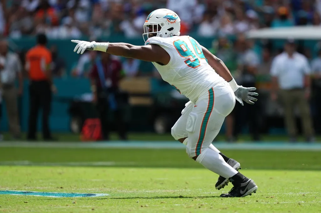 Miami Dolphins defensive tackle Christian Wilkins (94) celebrates after sacking New York Giants quarterback Daniel Jones (not pictured) during the first half at Hard Rock Stadium.
