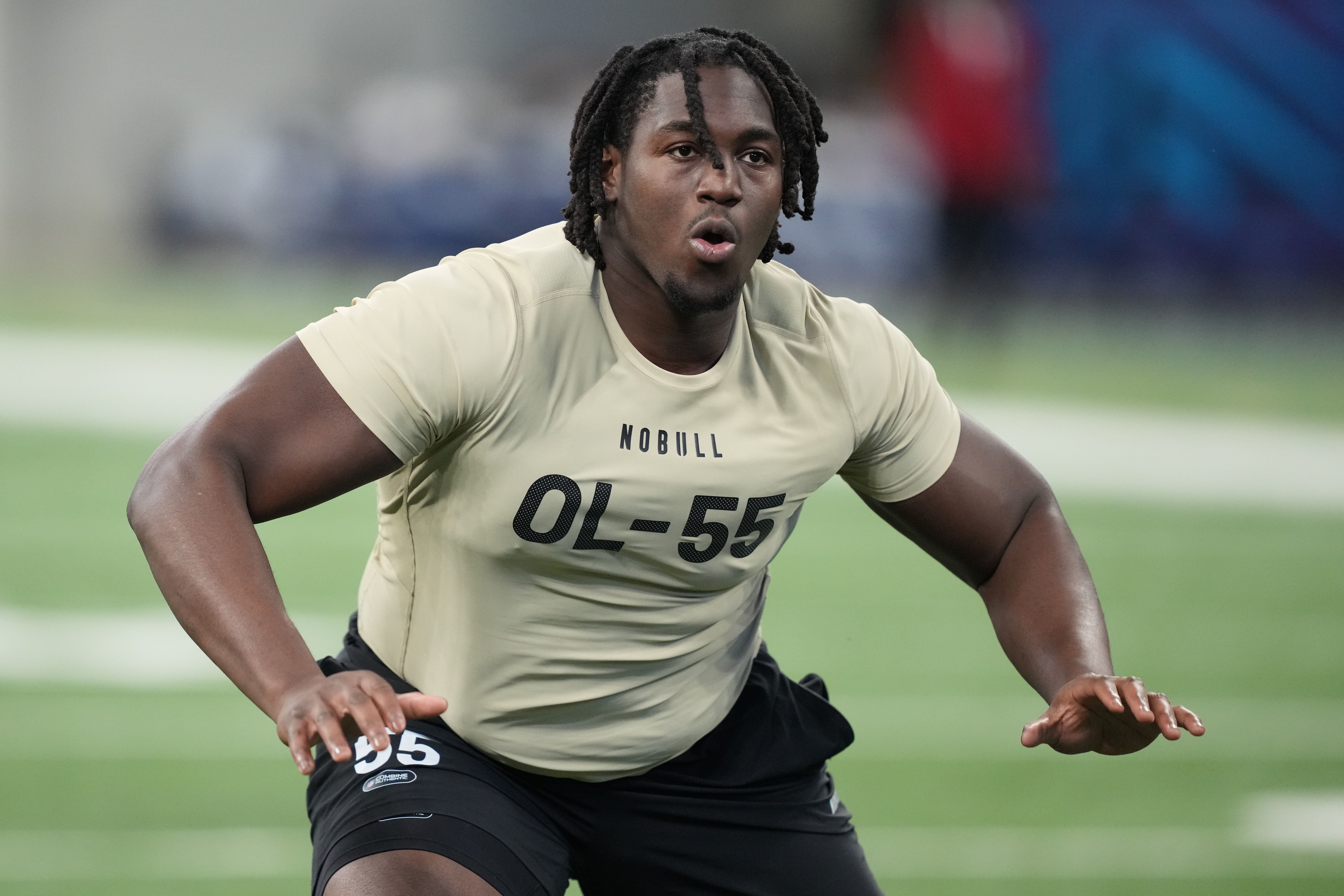 Mar 3, 2024; Indianapolis, IN, USA; Houston offensive lineman Patrick Paul (OL55) during the 2024 NFL Combine at Lucas Oil Stadium.