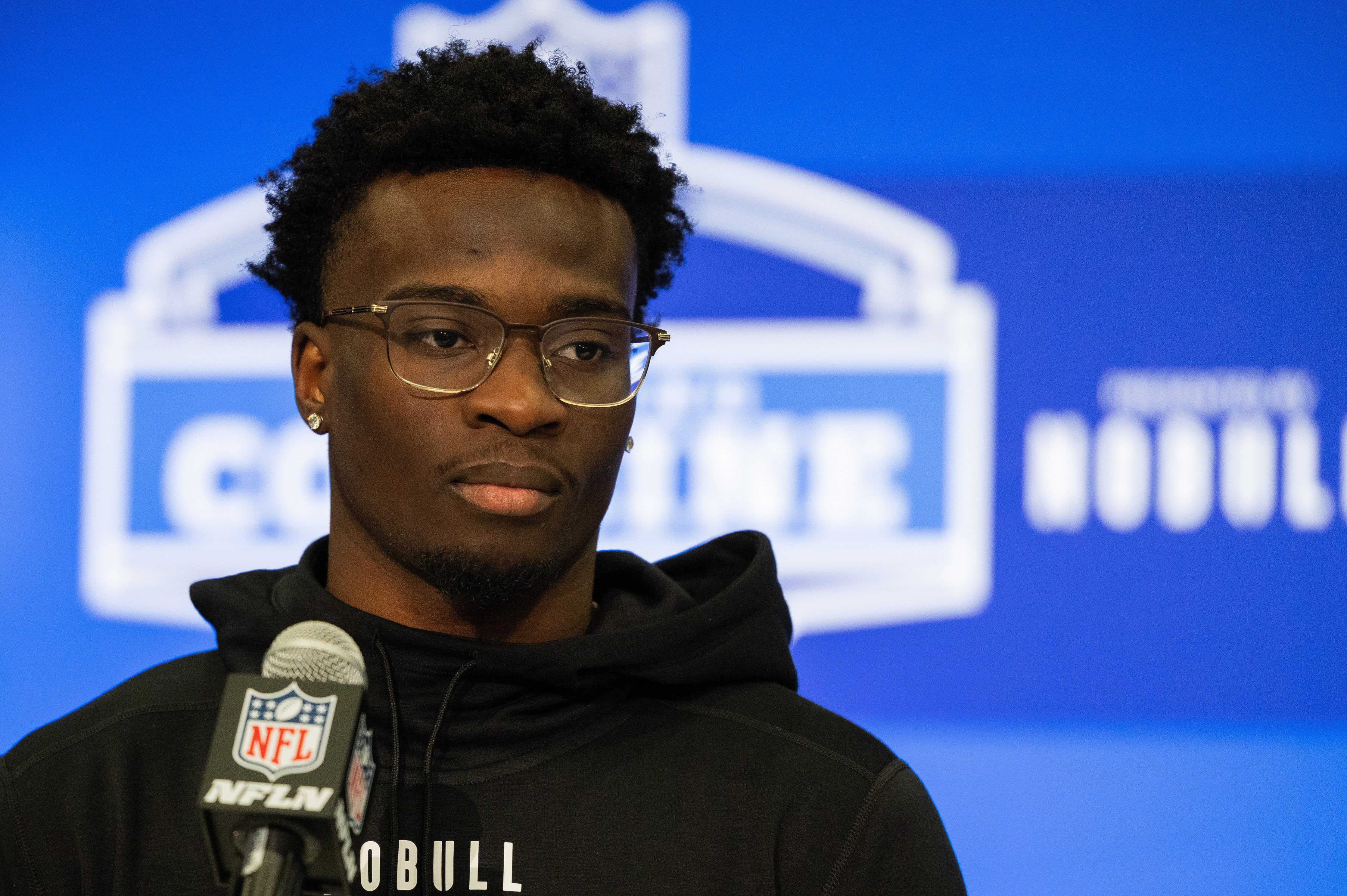 Feb 29, 2024; Indianapolis, IN, USA; Michigan defensive back Mike Sainristil (DB35) talks to the media during the 2024 NFL Combine at Lucas Oil Stadium. Mandatory Credit: Trevor Ruszkowski-USA TODAY Sports