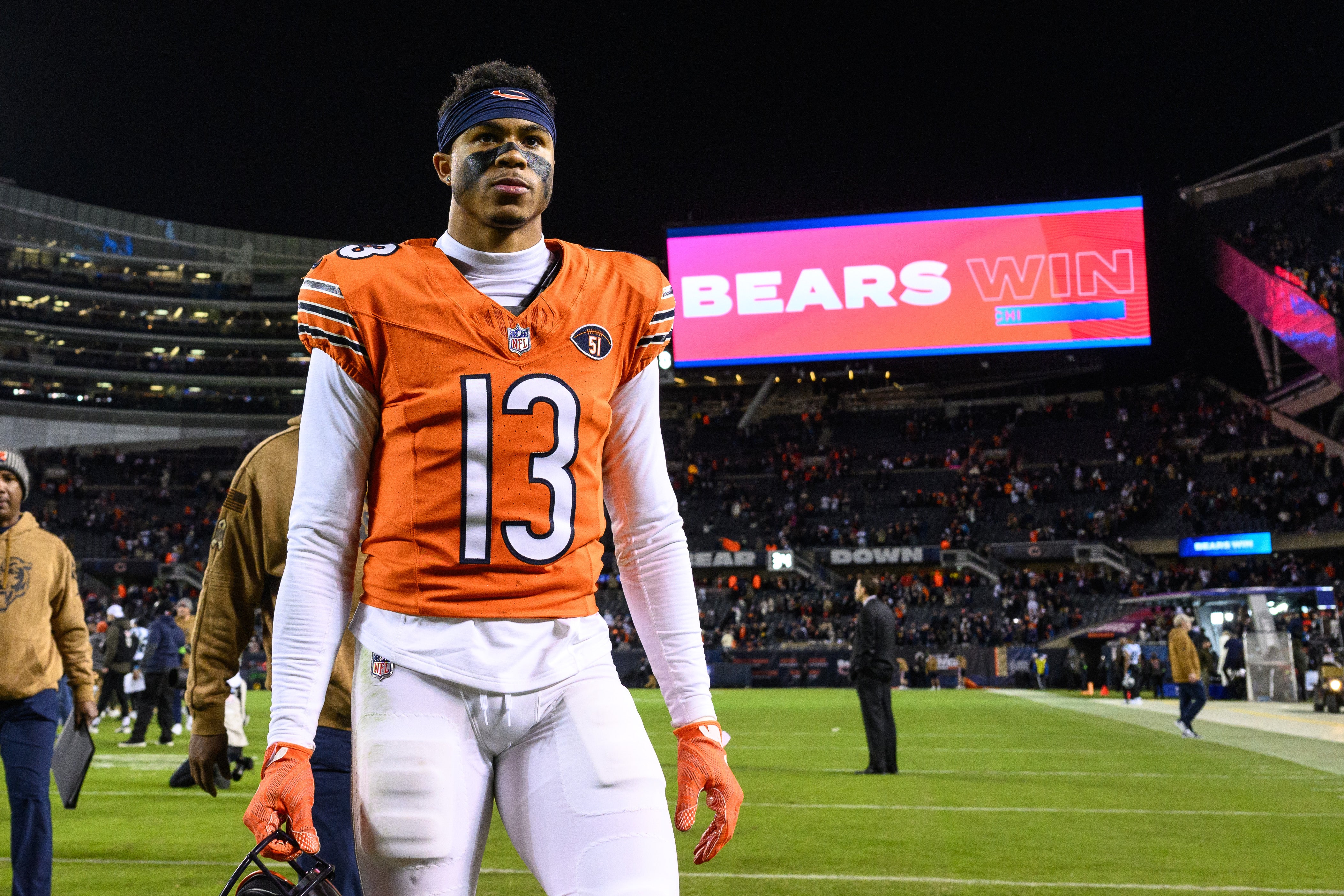 Nov 9, 2023; Chicago, Illinois, USA; Chicago Bears wide receiver Tyler Scott (13) walks off the field after a game against the Carolina Panthers at Soldier Field.