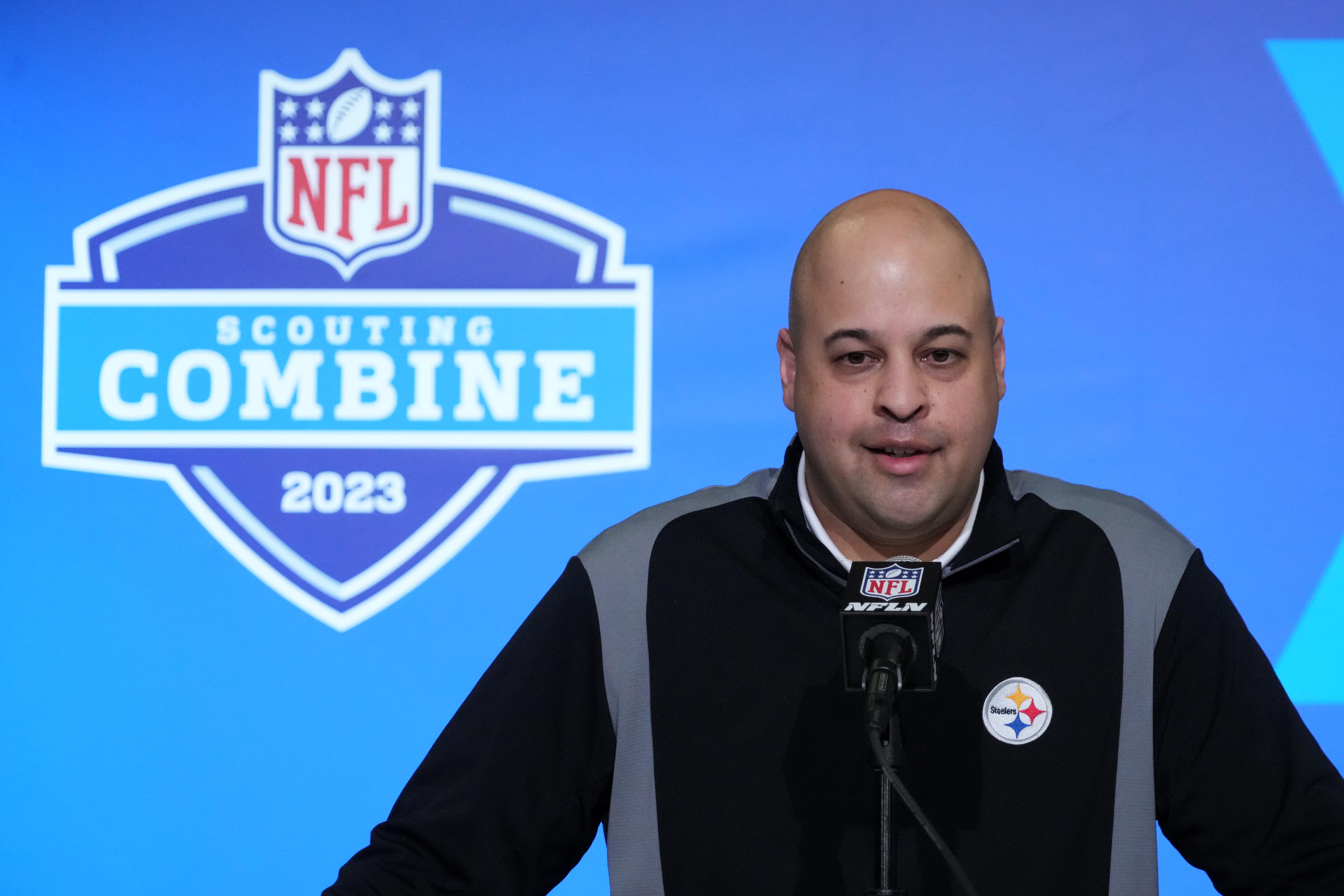 Feb 28, 2023; Indianapolis, IN, USA; Pittsburgh Steelers general manager Omar Khan during the NFL combine at the Indiana Convention Center. Mandatory Credit: Kirby Lee-USA TODAY Sports  