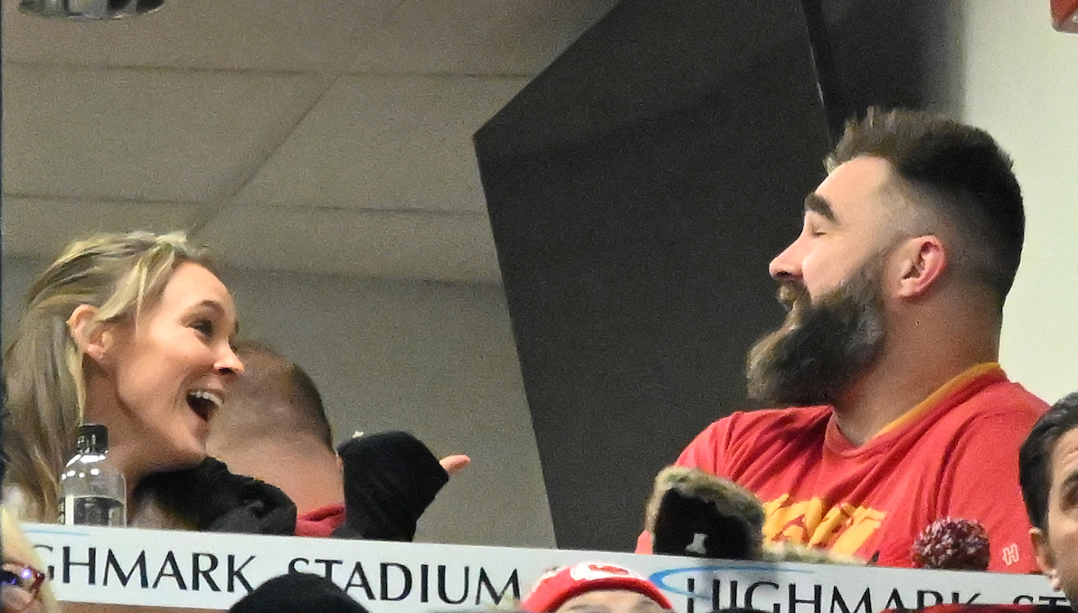 Jan 21, 2024; Orchard Park, New York, USA; Jason Kelce (right) and Kylie Kelce (left) watch the game from the suites in the first half of the 2024 AFC divisional round game between the Buffalo Bills and the Kansas City Chiefs at Highmark Stadium