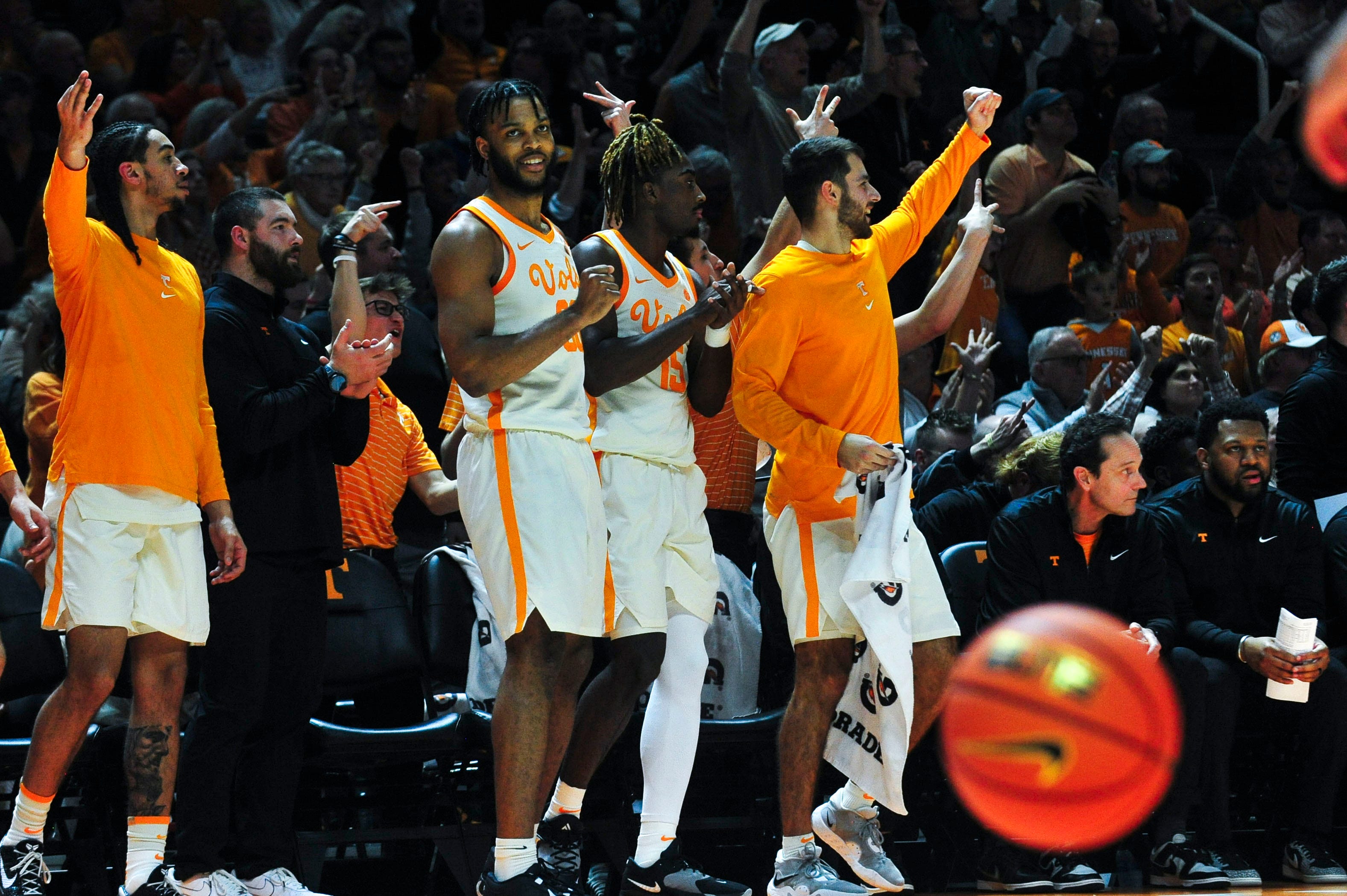 Tennessee guard Santiago Vescovi (25), guard Josiah-Jordan James (30) and guard Jahmai Mashack (15) celebrate after a three-point basket during a NCAA game at Thompson-Boling Arena at Food City Center in Knoxville, Wednesday, Feb. 28, 2024. Tennessee won 92-84 against Auburn.
