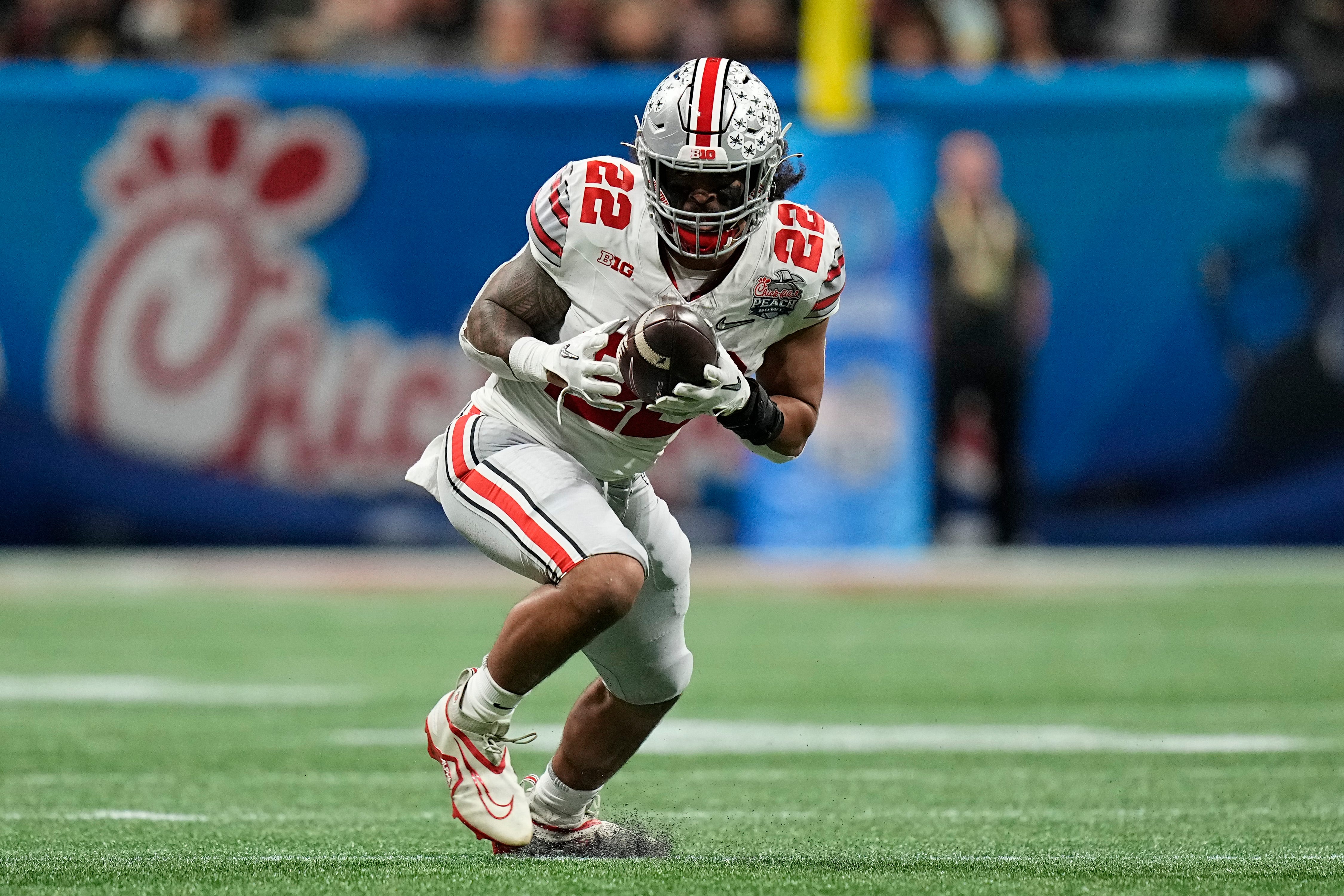 Ohio State Buckeyes linebacker Steele Chambers (22) intercepts a pass from Georgia Bulldogs quarterback Stetson Bennett during the first half of the Peach Bowl in the College Football Playoff semifina... Adam Cairns/Columbus Dispatch-USA TODAY NETWORK