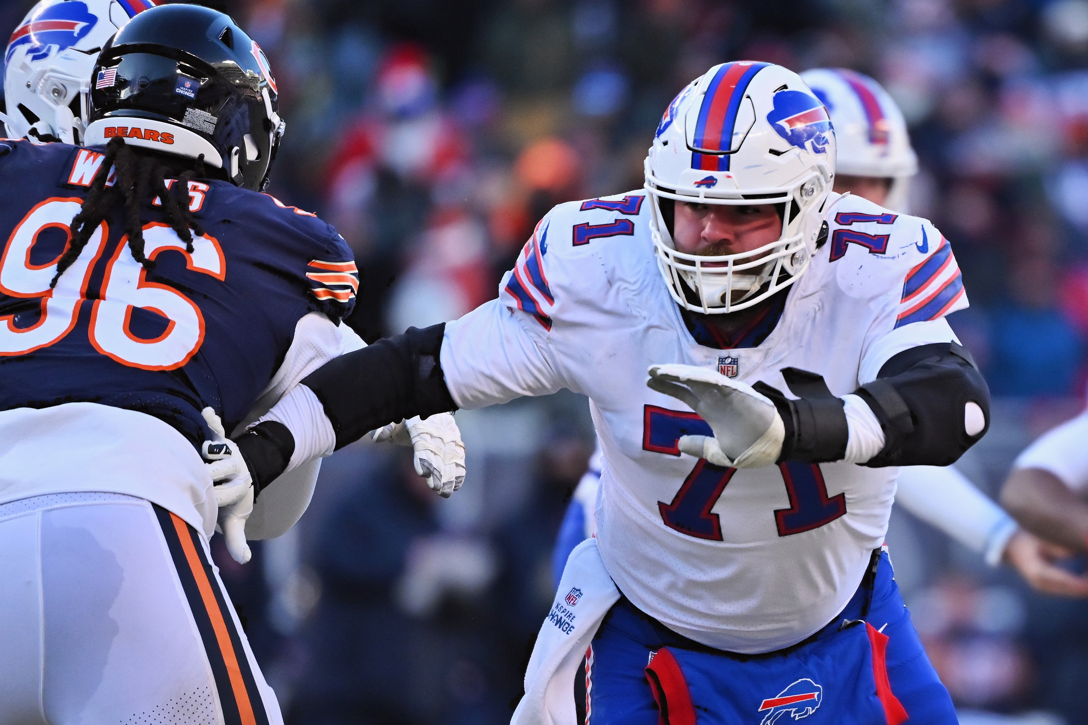 Dec 24, 2022; Chicago, Illinois, USA; Buffalo Bills offensive lineman Ryan Bates (71) blocks against the Chicago Bears at Soldier Field.