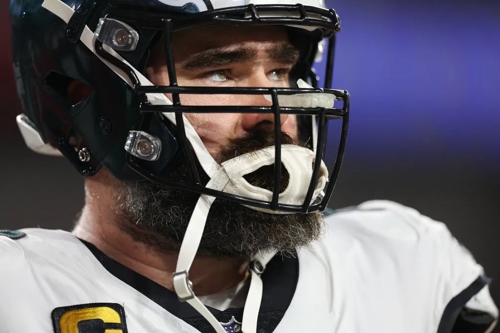 Philadelphia Eagles center Jason Kelce (62) looks on during warm ups a 2024 NFC wild card game against the Tampa Bay Buccaneers at Raymond James Stadium.
