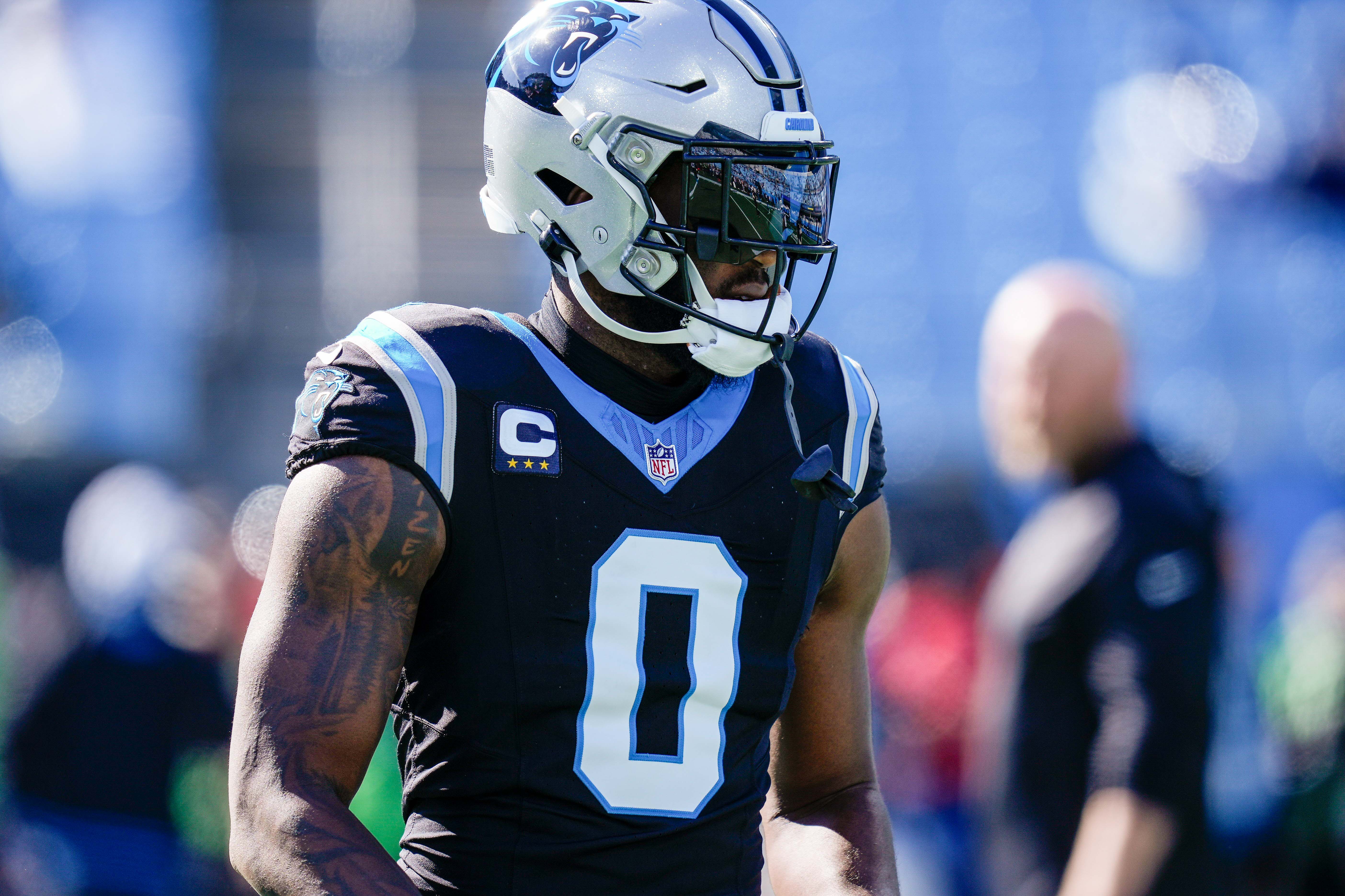 Nov 19, 2023; Charlotte, North Carolina, USA; Carolina Panthers linebacker Brian Burns (0) against the Dallas Cowboys during pregame warm ups at Bank of America Stadium. Mandatory Credit: Jim Dedmon-USA TODAY Sports