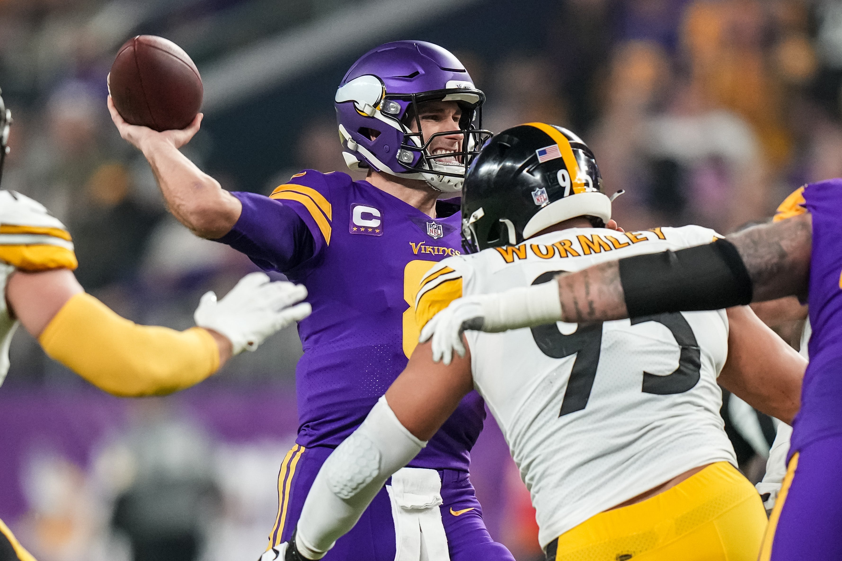 Dec 9, 2021; Minneapolis, Minnesota, USA; Minnesota Vikings quarterback Kirk Cousins (8) throws during the second quarter against the Pittsburgh Steelers at U.S. Bank Stadium. Mandatory Credit: Brace Hemmelgarn-USA TODAY Sports  