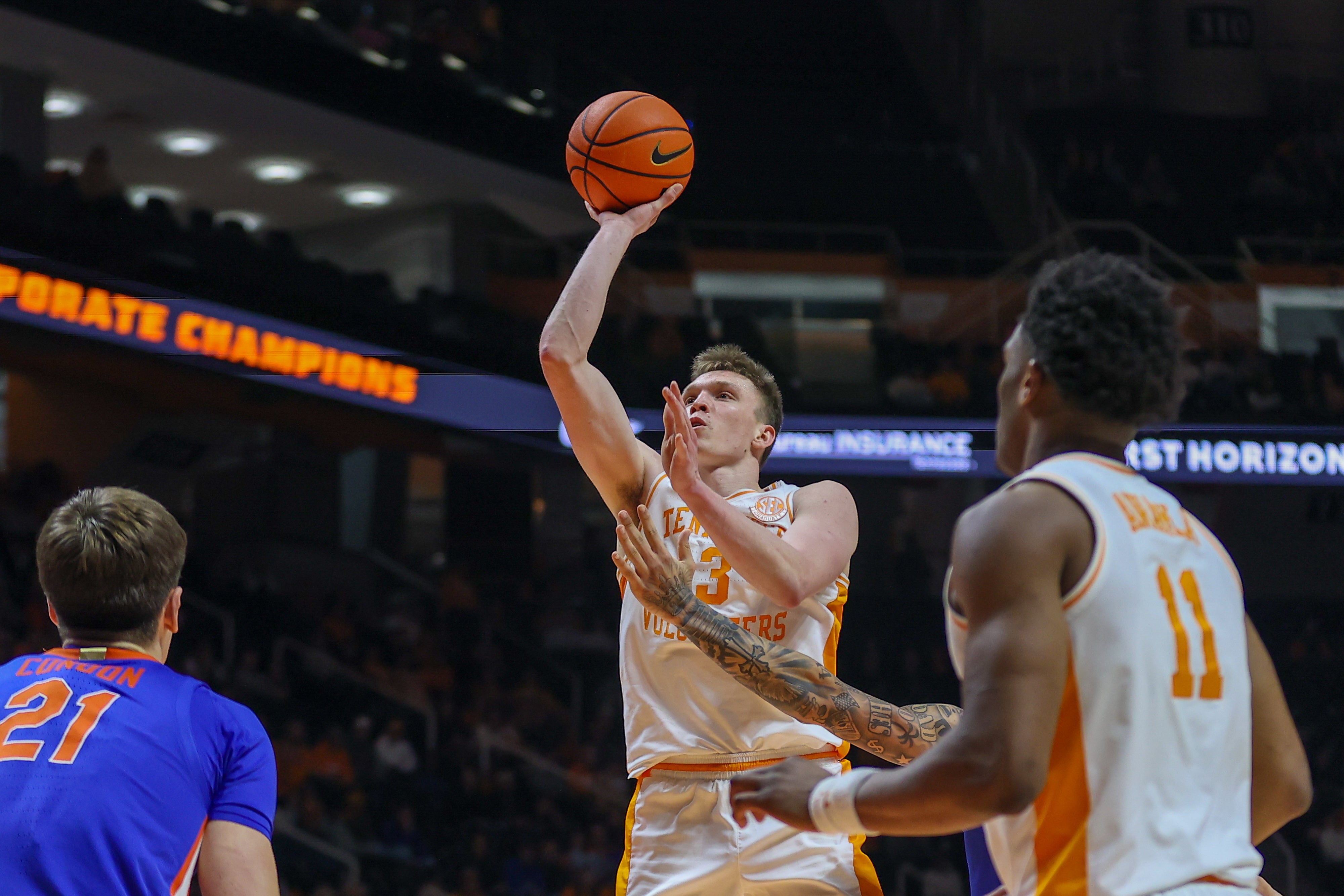 Jan 16, 2024; Knoxville, Tennessee, USA; Tennessee Volunteers guard Dalton Knecht (3) shoots the ball against the Florida Gators during the second half at Thompson-Boling Arena at Food City Center.