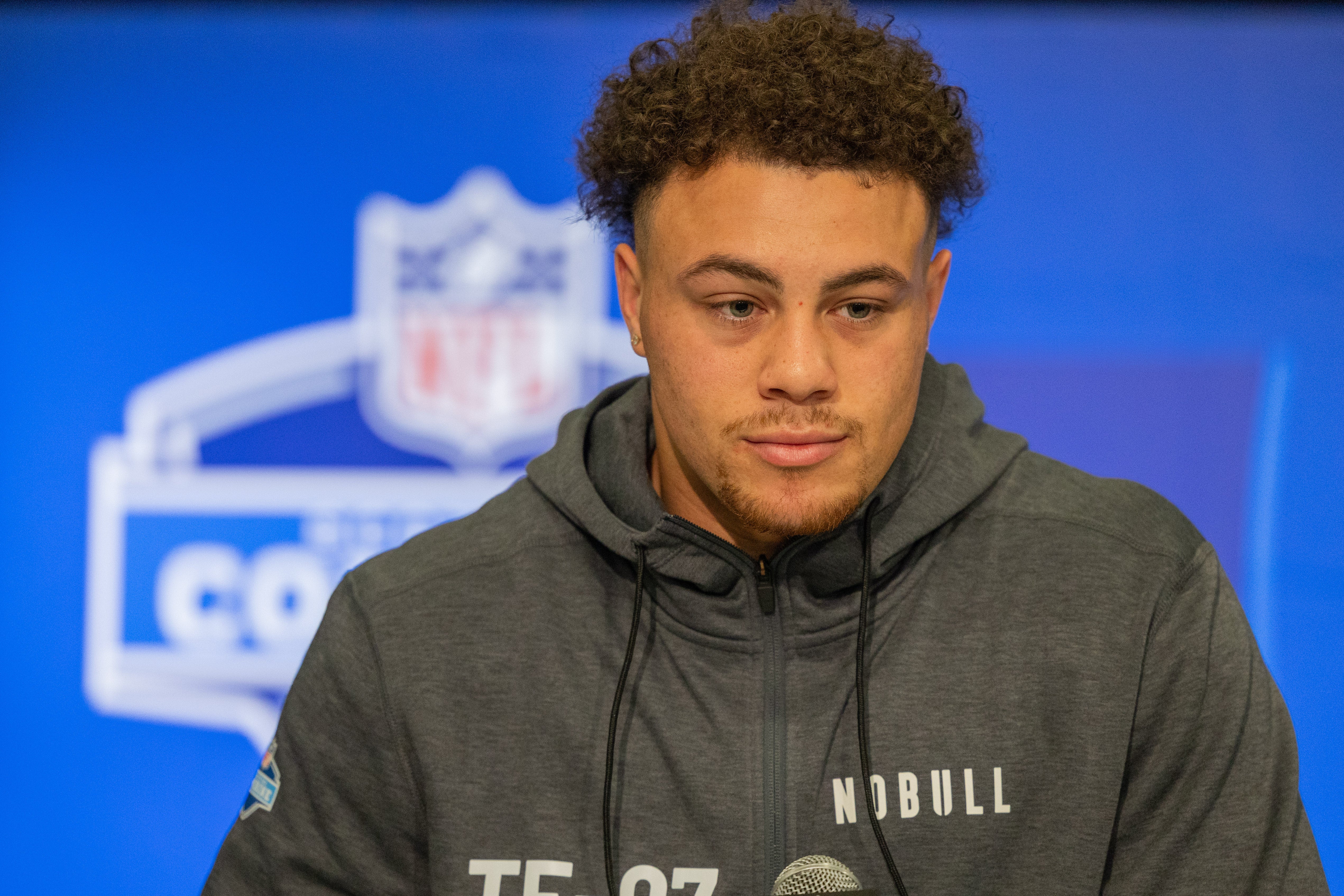 Feb 29, 2024; Indianapolis, IN, USA; Penn State tight end Theo Johnson (TE07) talks to the media during the 2024 NFL Combine at Lucas Oil Stadium.