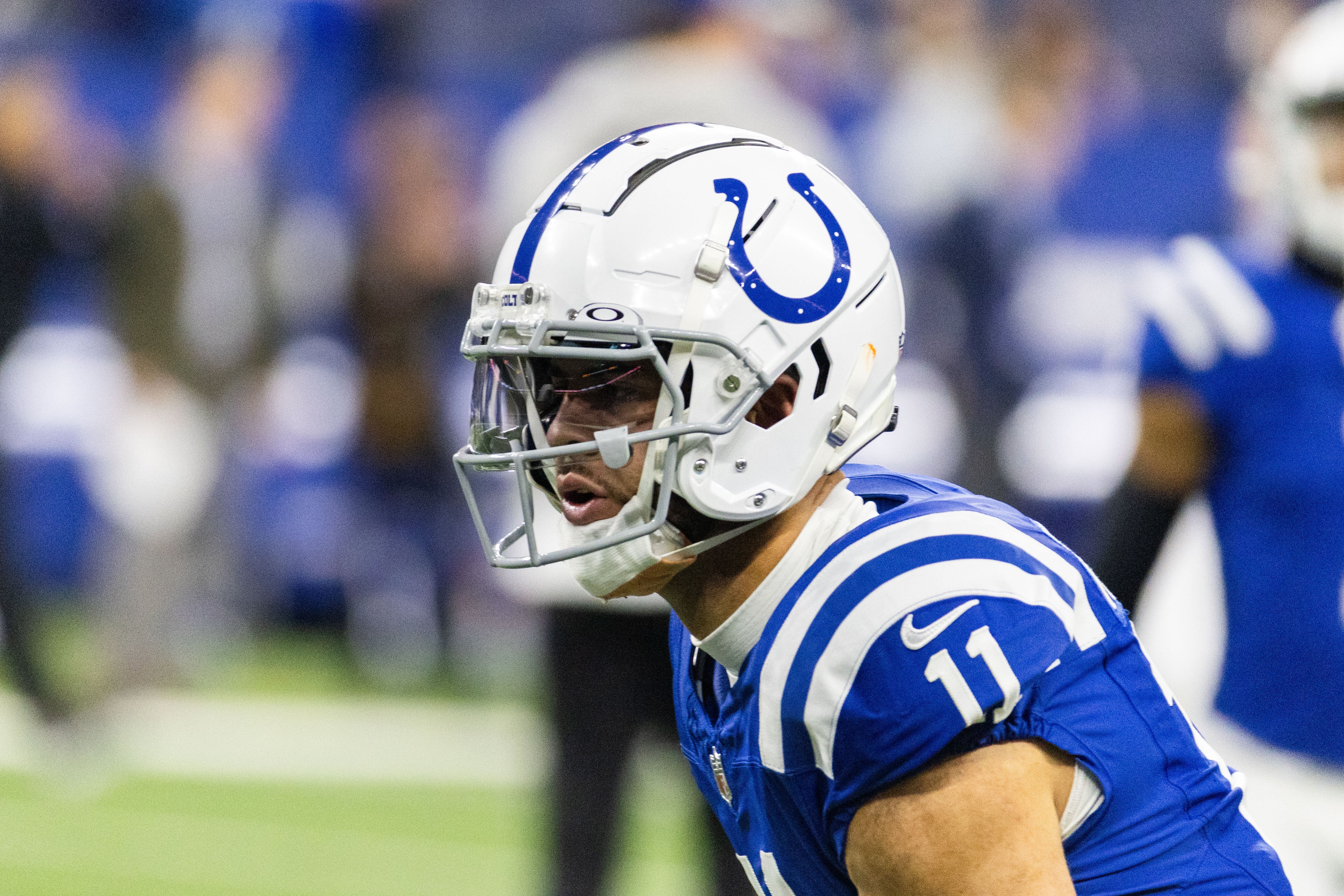 Dec 31, 2023; Indianapolis, Indiana, USA; Indianapolis Colts wide receiver Michael Pittman Jr. (11) during warmups before the game against the Las Vegas Raiders at Lucas Oil Stadium.