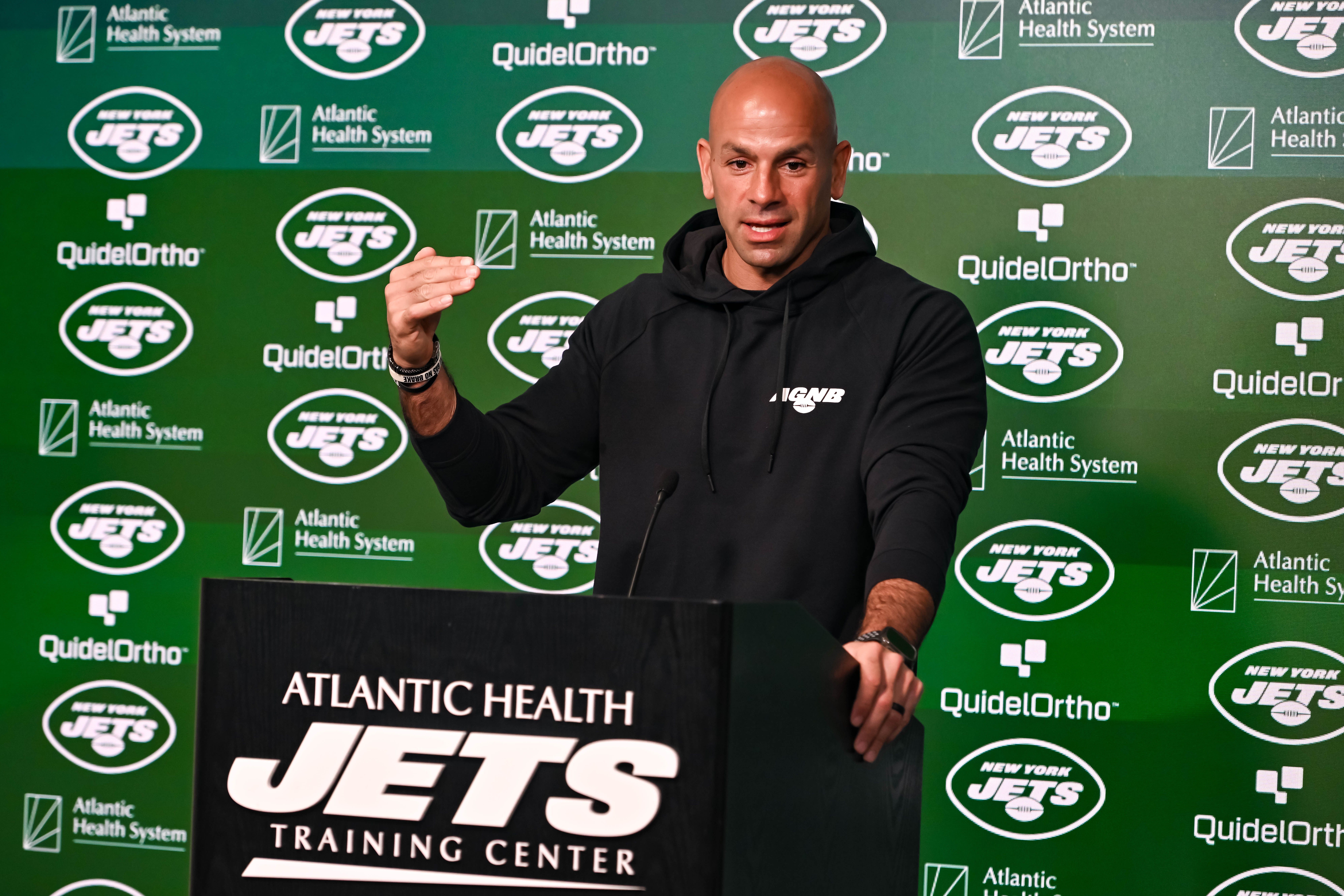 New York Jets head coach Robert Saleh speaks at a press conference at Atlantic Health Jets Training Center.