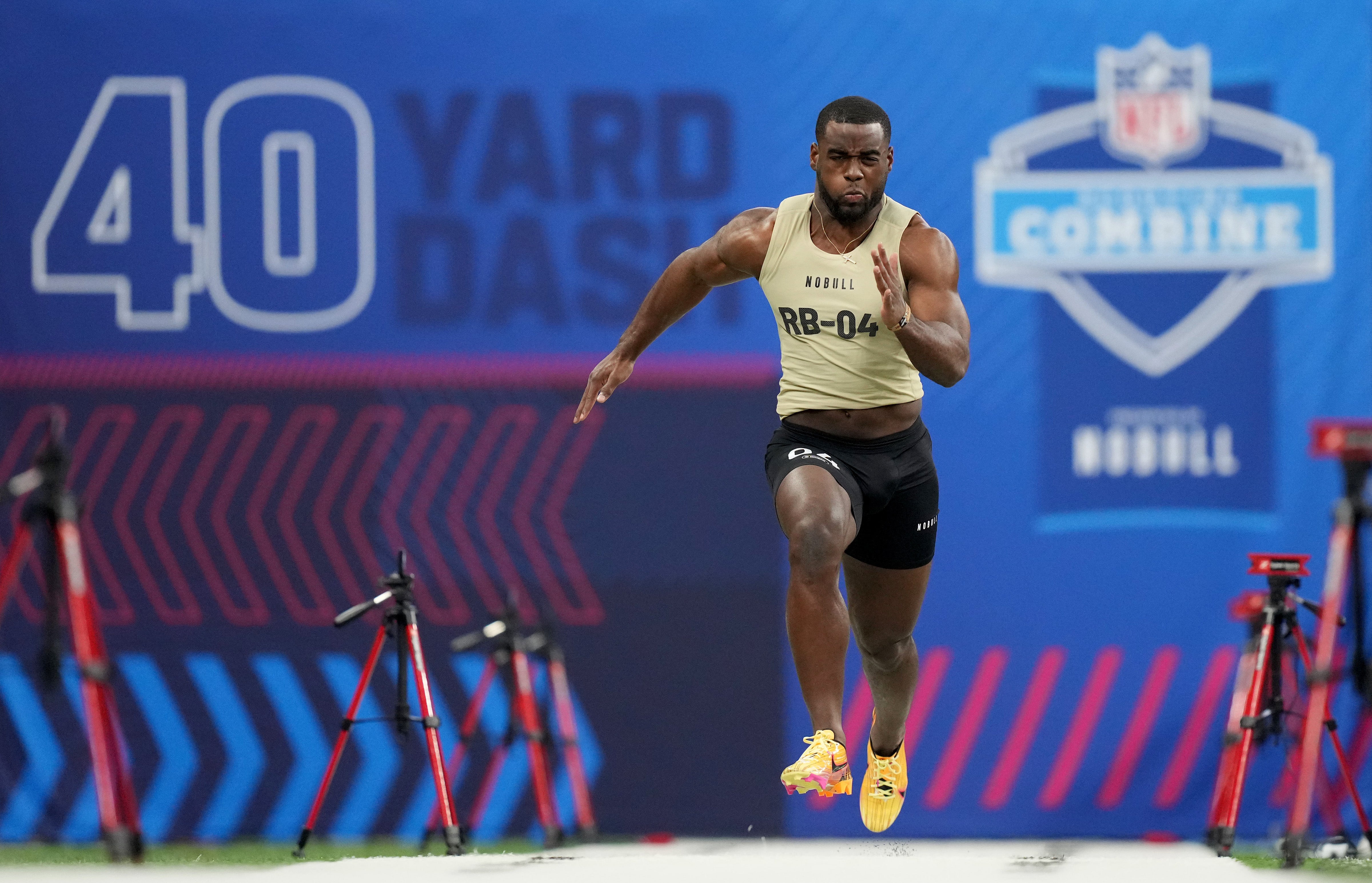 Mar 2, 2024; Indianapolis, IN, USA; Florida State running back Trey Benson (RB04) during the 2024 NFL Combine at Lucas Oil Stadium.