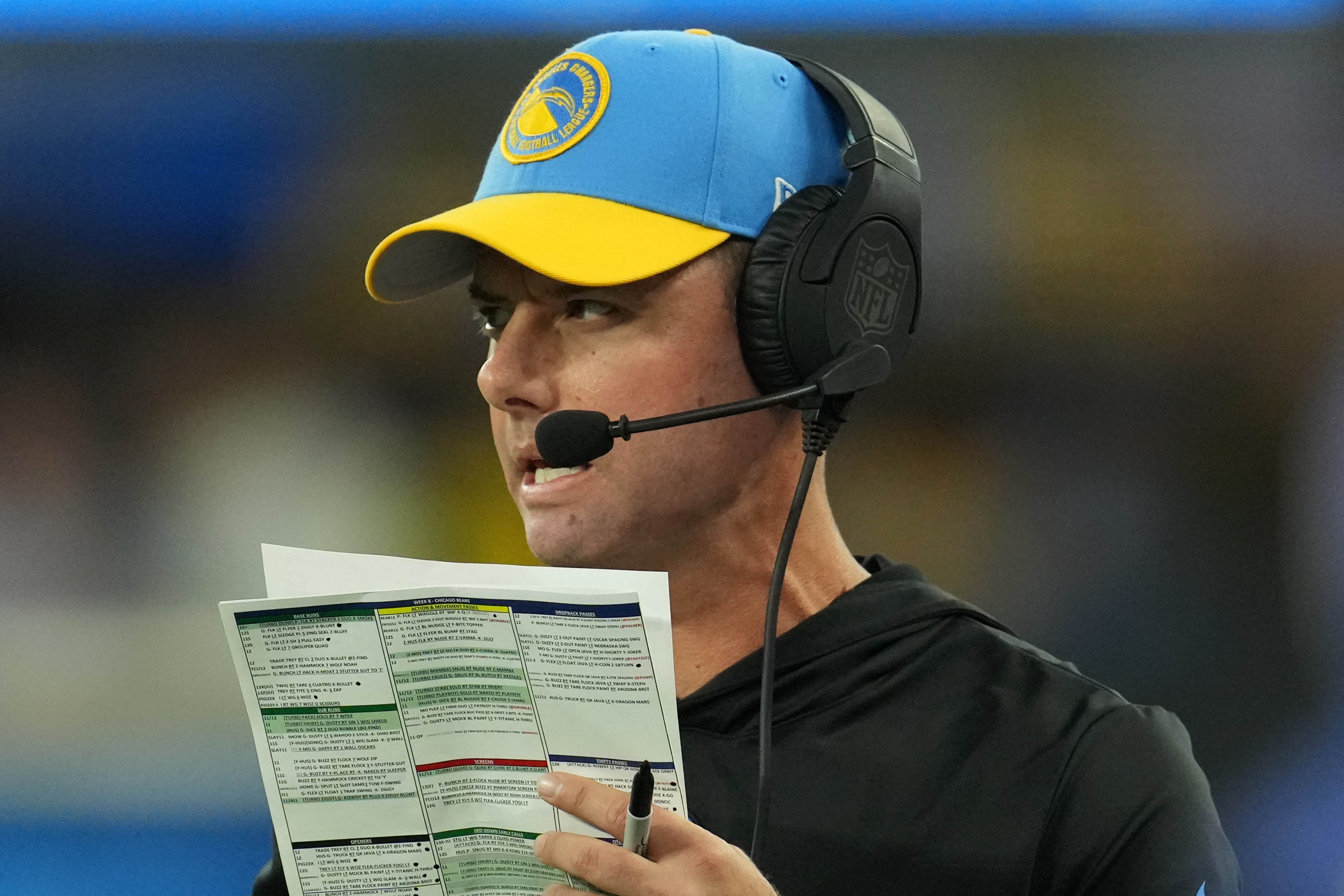 Oct 29, 2023; Inglewood, California, USA; Los Angeles Chargers coach Brandon Staley watches from the sidelines against the Chicago Bears in the first half at SoFi Stadium.
