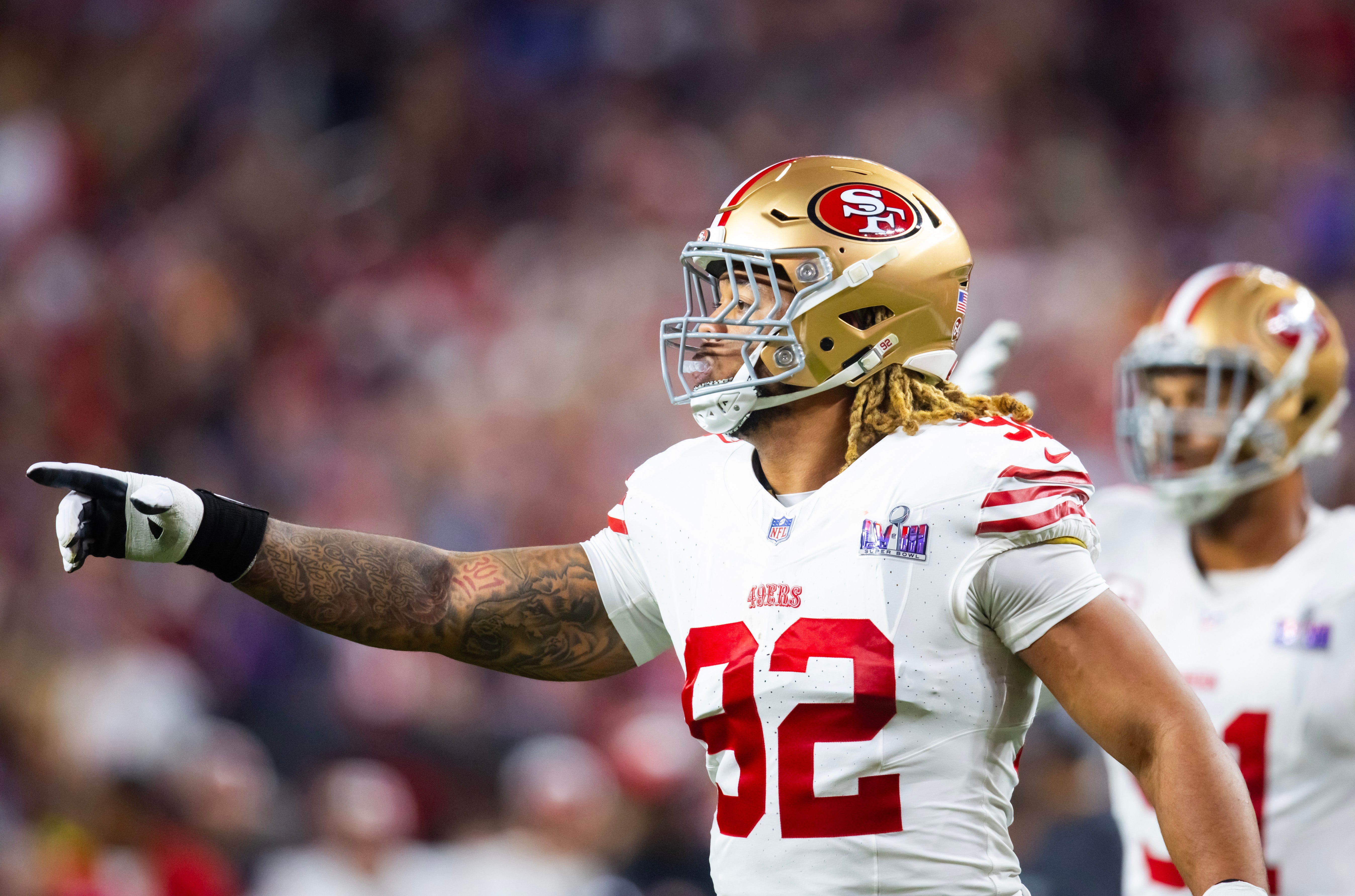 Feb 11, 2024; Paradise, Nevada, USA; San Francisco 49ers defensive end Chase Young (92) reacts against the Kansas City Chiefs in Super Bowl LVIII at Allegiant Stadium.