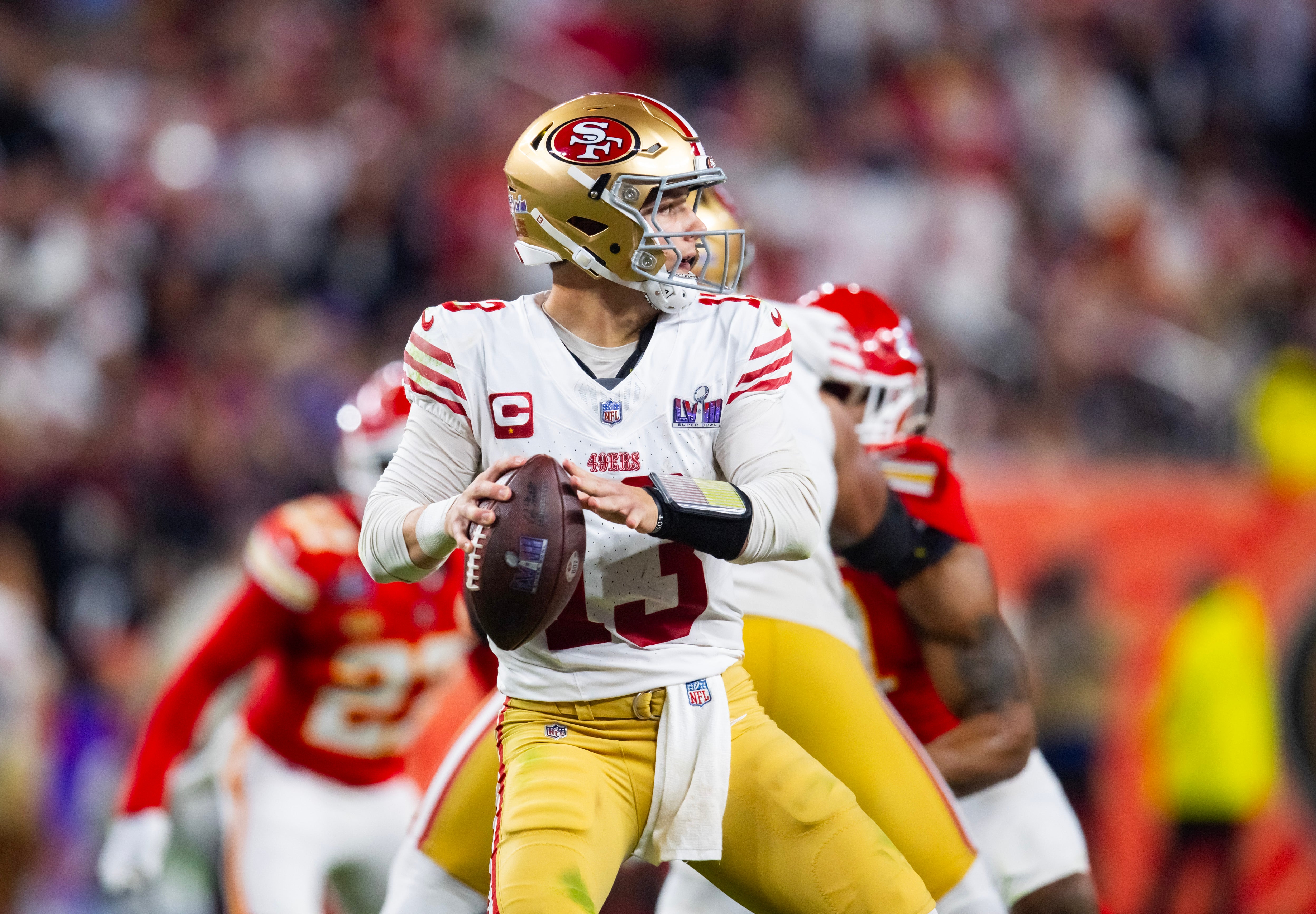 Feb 11, 2024; Paradise, Nevada, USA; San Francisco 49ers quarterback Brock Purdy (13) throws a pass against the Kansas City Chiefs in the second half in Super Bowl LVIII at Allegiant Stadium.