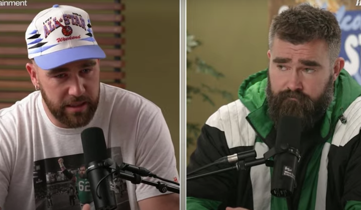 Travis Kelce reacts to Jason Kelce retiring on their New Heights podcast.