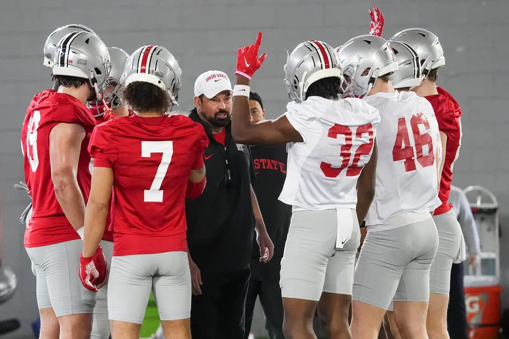 Mar 5, 2024; Columbus, OH, USA; Ohio State Buckeyes head coach Ryan Day talks to his team during the first spring practice at the Woody Hayes Athletic Center.