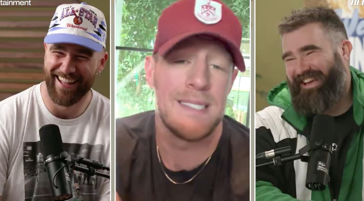 Jason and Travis Kelce react to New Heights' special tribute video.