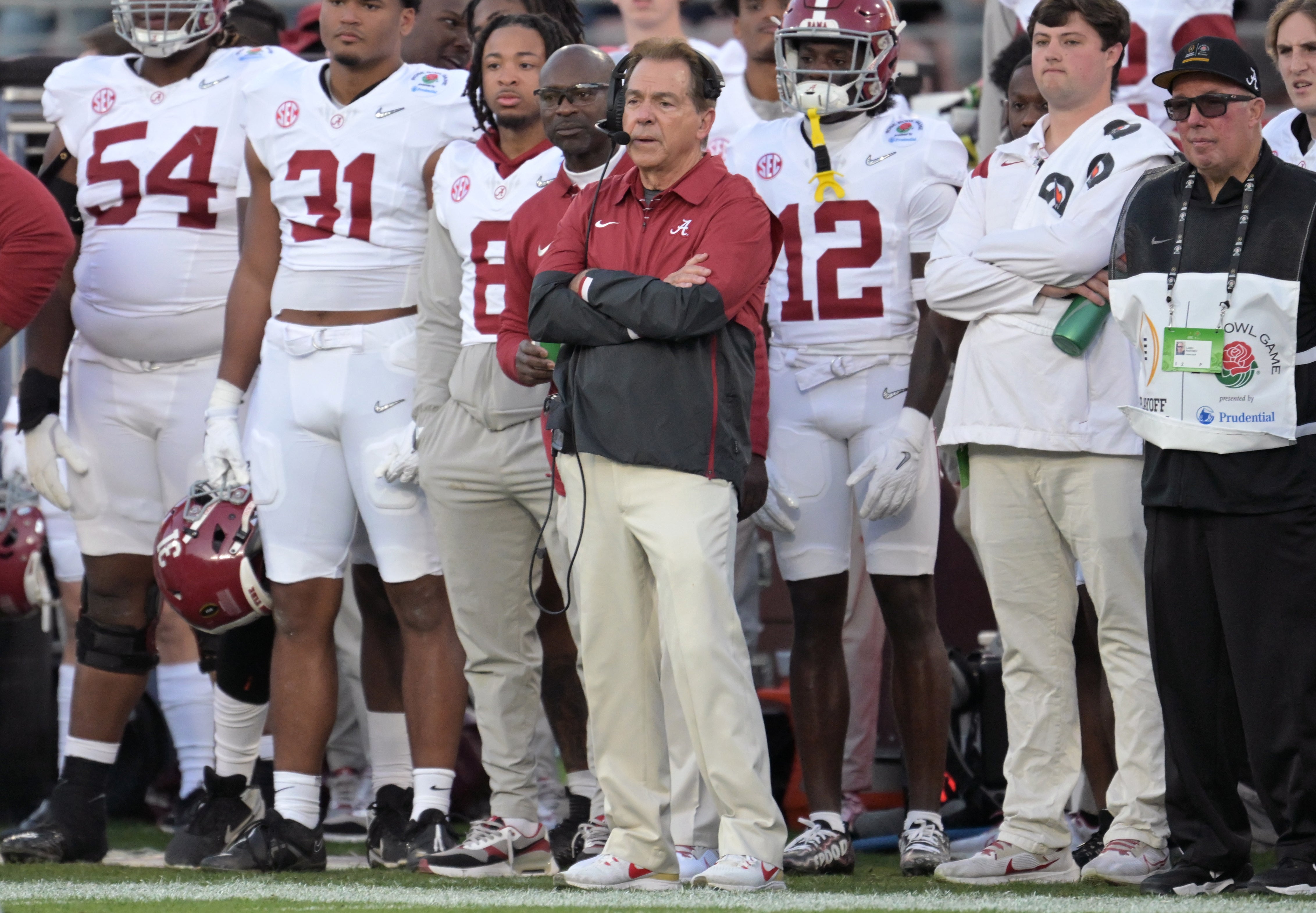 Jan 1, 2024; Pasadena, CA, USA; Alabama Crimson Tide head coach Nick Saban looks on during the second half against the Michigan Wolverines in the 2024 Rose Bowl college football playoff semifinal game at Rose Bowl.