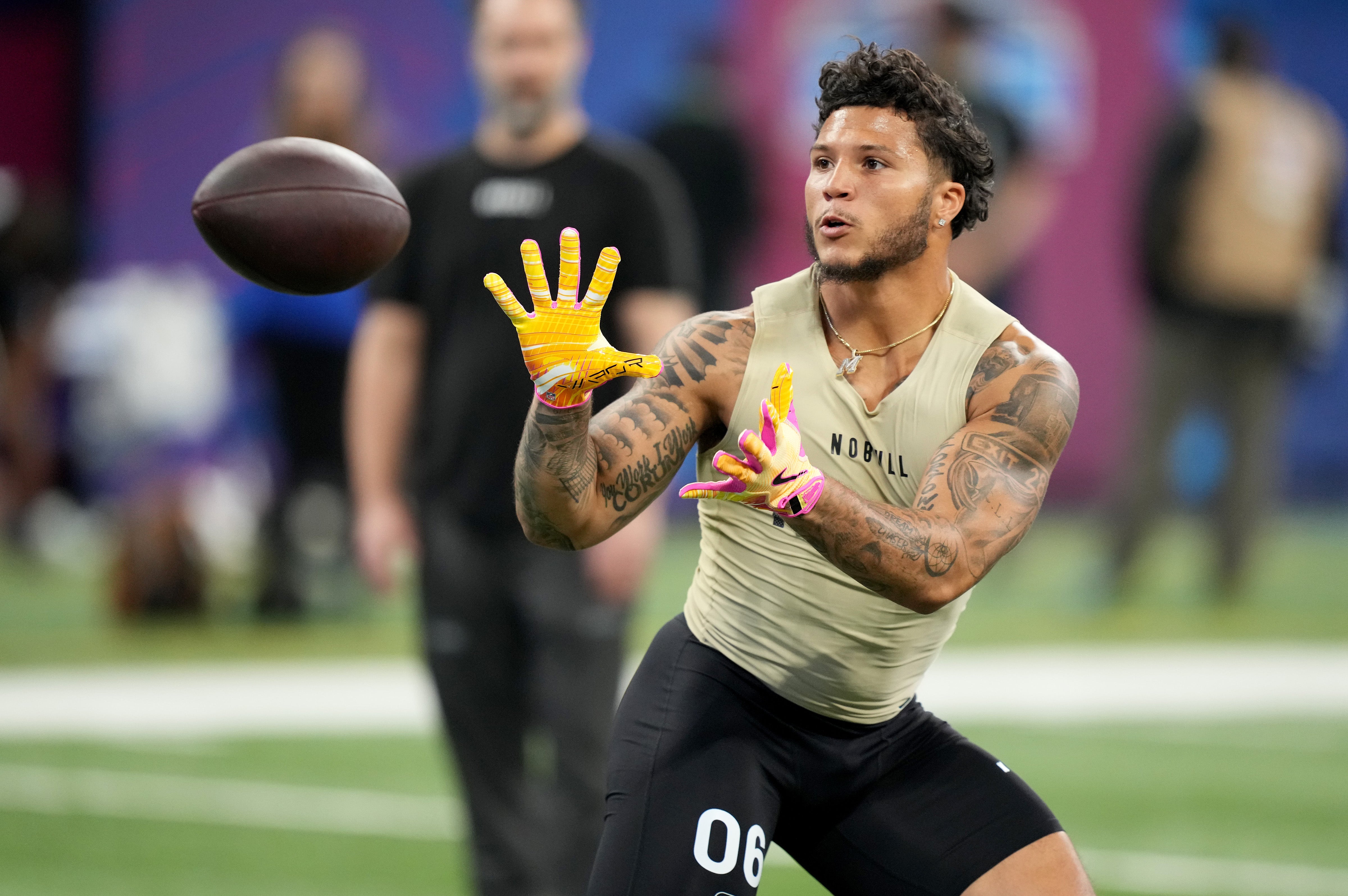 Mar 2, 2024; Indianapolis, IN, USA; Michigan running back Blake Corum (RB06) during the 2024 NFL Combine at Lucas Oil Stadium.