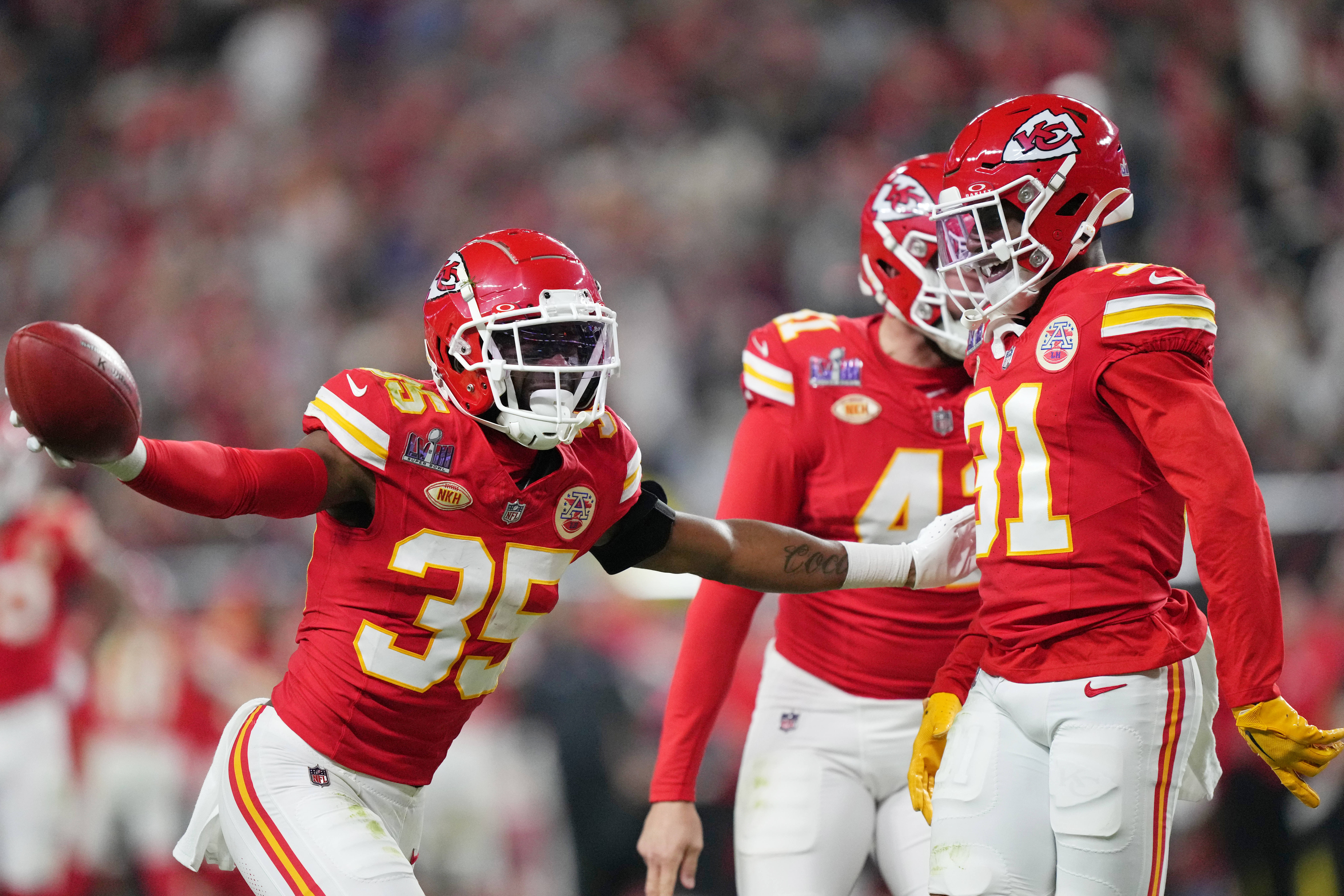 Chiefs cornerback Jaylen Watson (35) reacts after a play against the 49ers during the fourth quarter of Super Bowl LVIII at Allegiant Stadium.