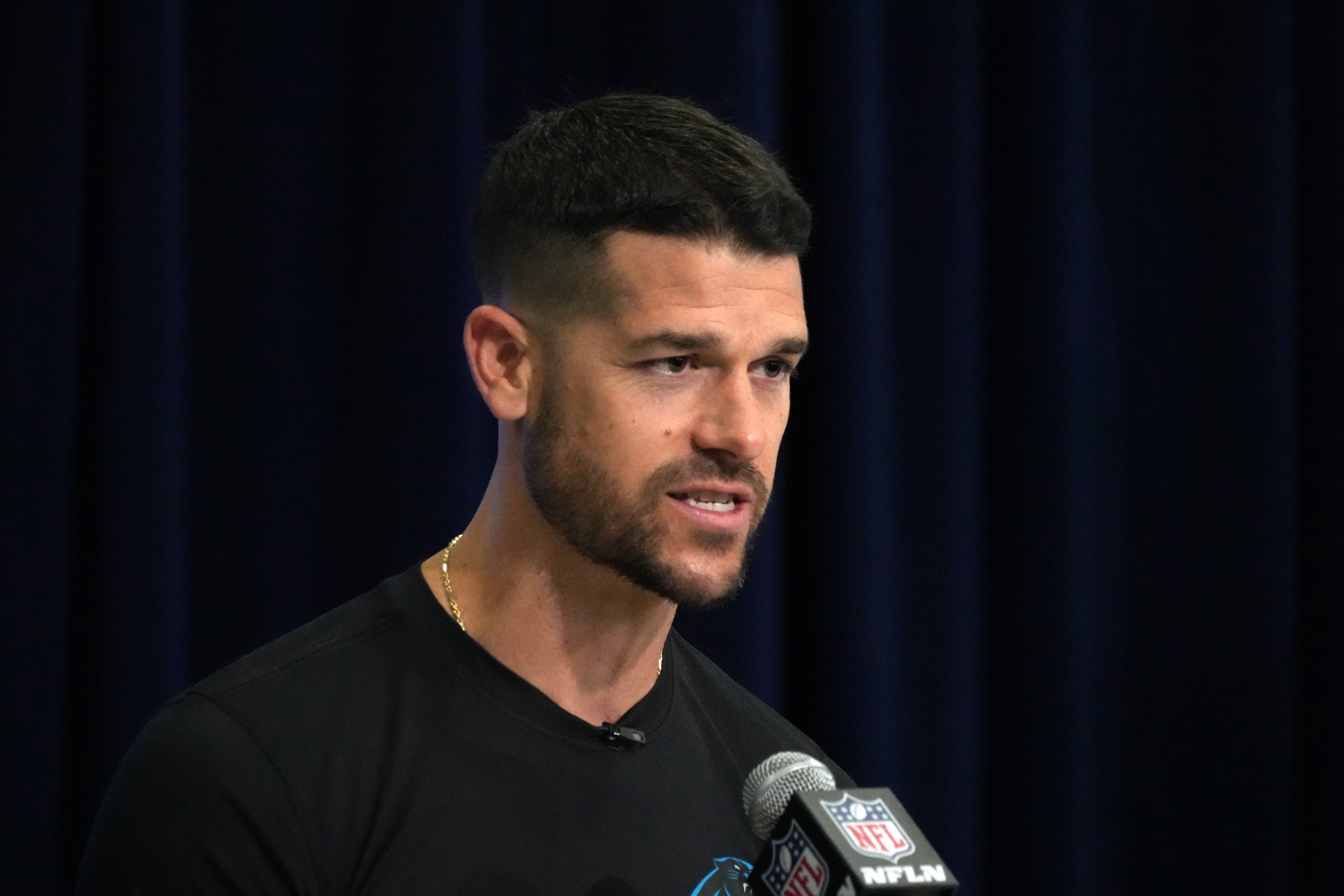 Feb 27, 2024; Indianapolis, IN, USA; Carolina Panthers coach Dave Canales speaks at a press conference during the NFL Scouting Combine at Indiana Convention Center. Mandatory Credit: Kirby Lee-USA TODAY Sports