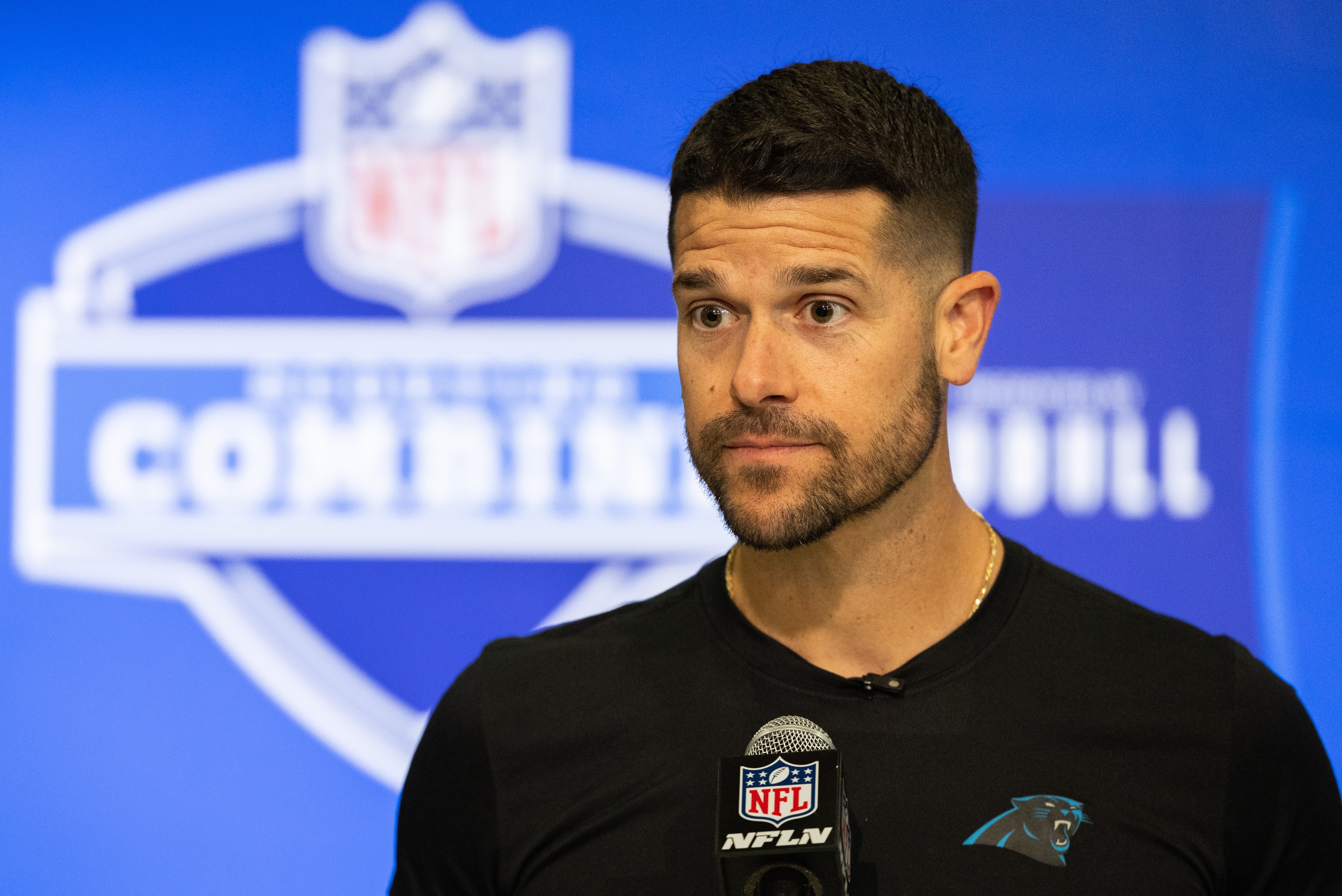 Feb 27, 2024; Indianapolis, IN, USA; Carolina Panthers head coach Dave Canales talks to the media at the 2024 NFL Combine at Indiana Convention Center. Mandatory Credit: Trevor Ruszkowski-USA TODAY Sports