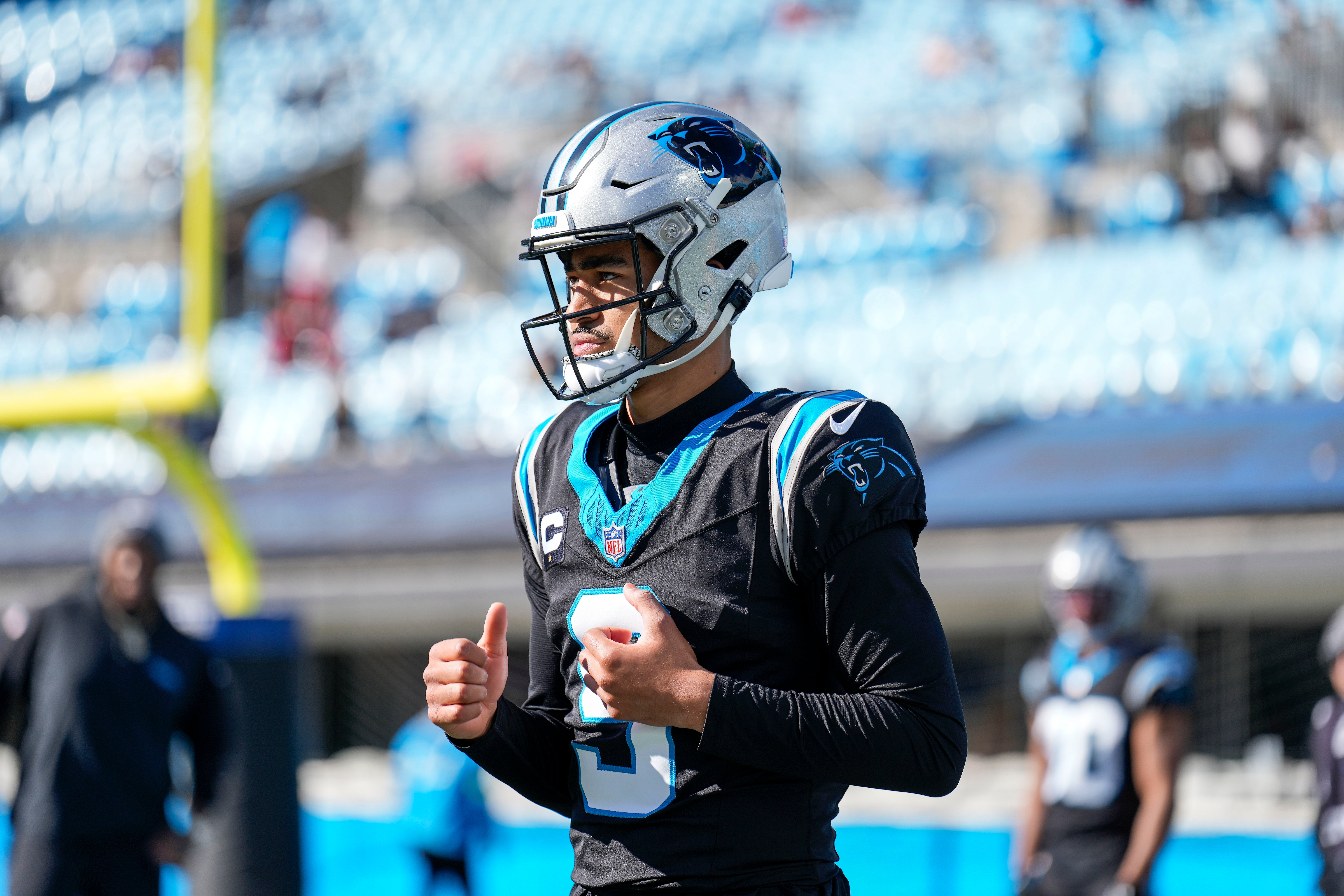Jan 7, 2024; Charlotte, North Carolina, USA; Carolina Panthers quarterback Bryce Young (9) during pregame warm ups against the Tampa Bay Buccaneers at Bank of America Stadium. Mandatory Credit: Jim Dedmon-USA TODAY Sports