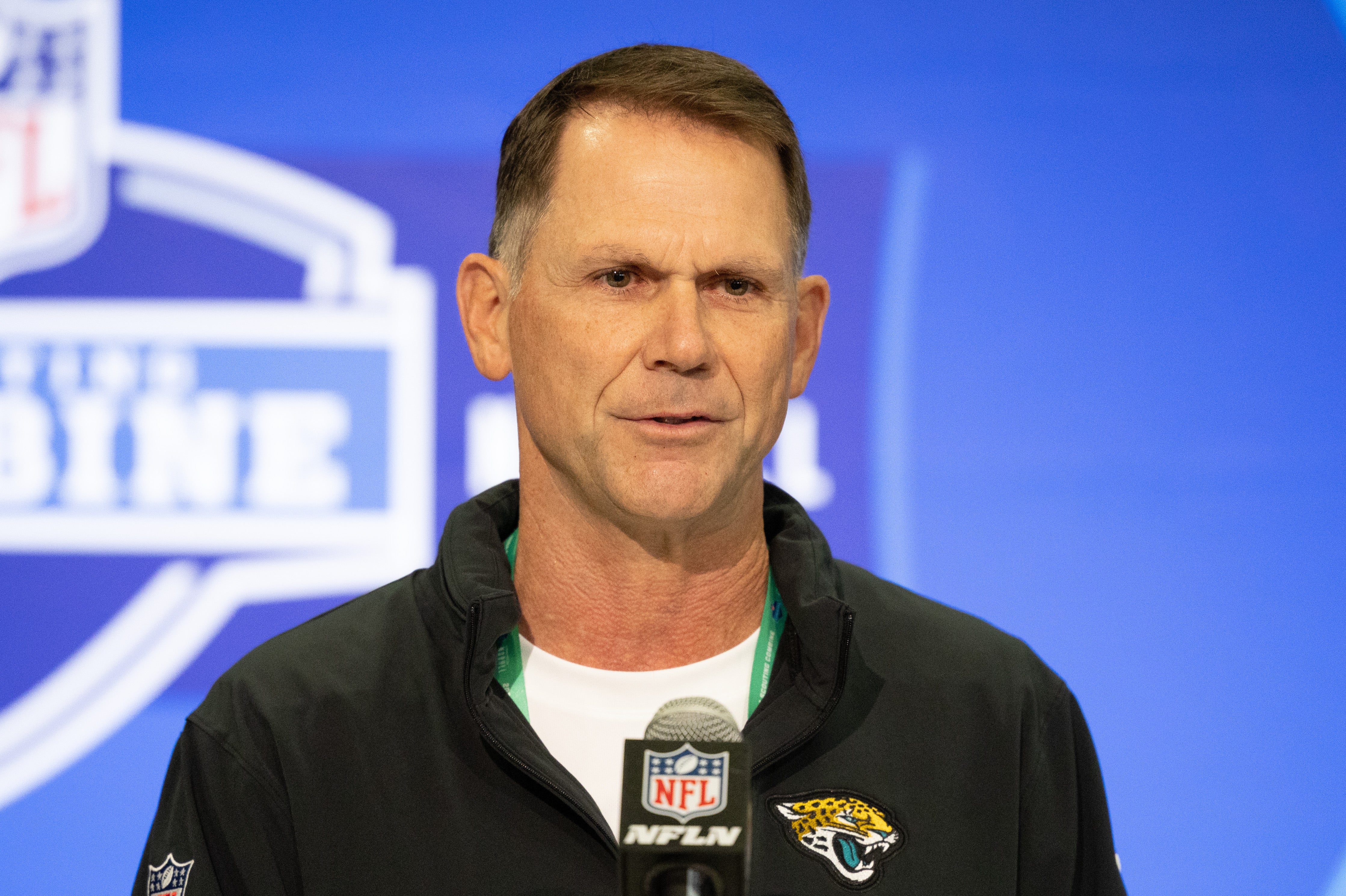 Feb 27, 2024; Indianapolis, IN, USA; Jacksonville Jaguars general manager Trent Baalke talks to the media at the 2024 NFL Combine at Indiana Convention Center.