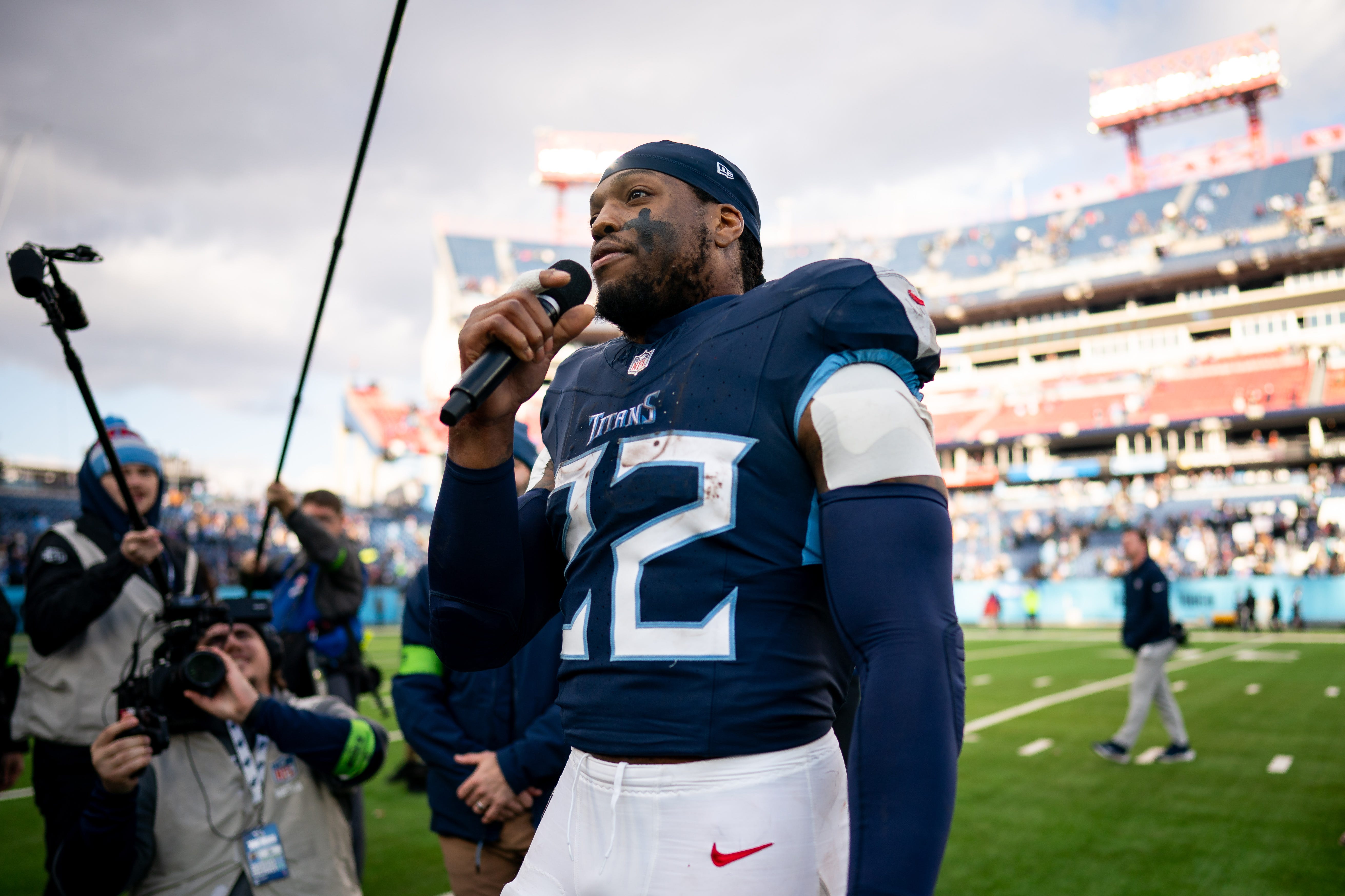 Tennessee Titans running back Derrick Henry (22) speaks after defeating Jacksonville Jaguars 28-20 at Nissan Stadium in Nashville, Tenn., Sunday, Jan. 7, 2024.