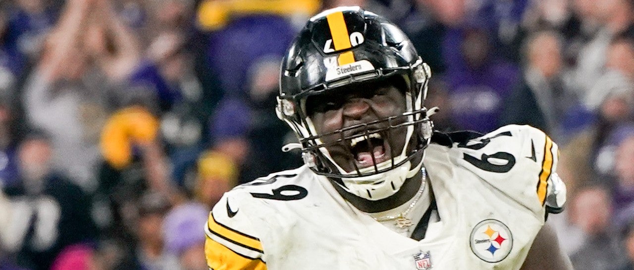 Jan 1, 2023; Baltimore, Maryland, USA; Pittsburgh Steelers guard Kevin Dotson (69) reacts after the team scores a touchdown against the Baltimore Ravens during the second half at M&T Bank Stadium. Mandatory Credit: Jessica Rapfogel-USA TODAY Sports