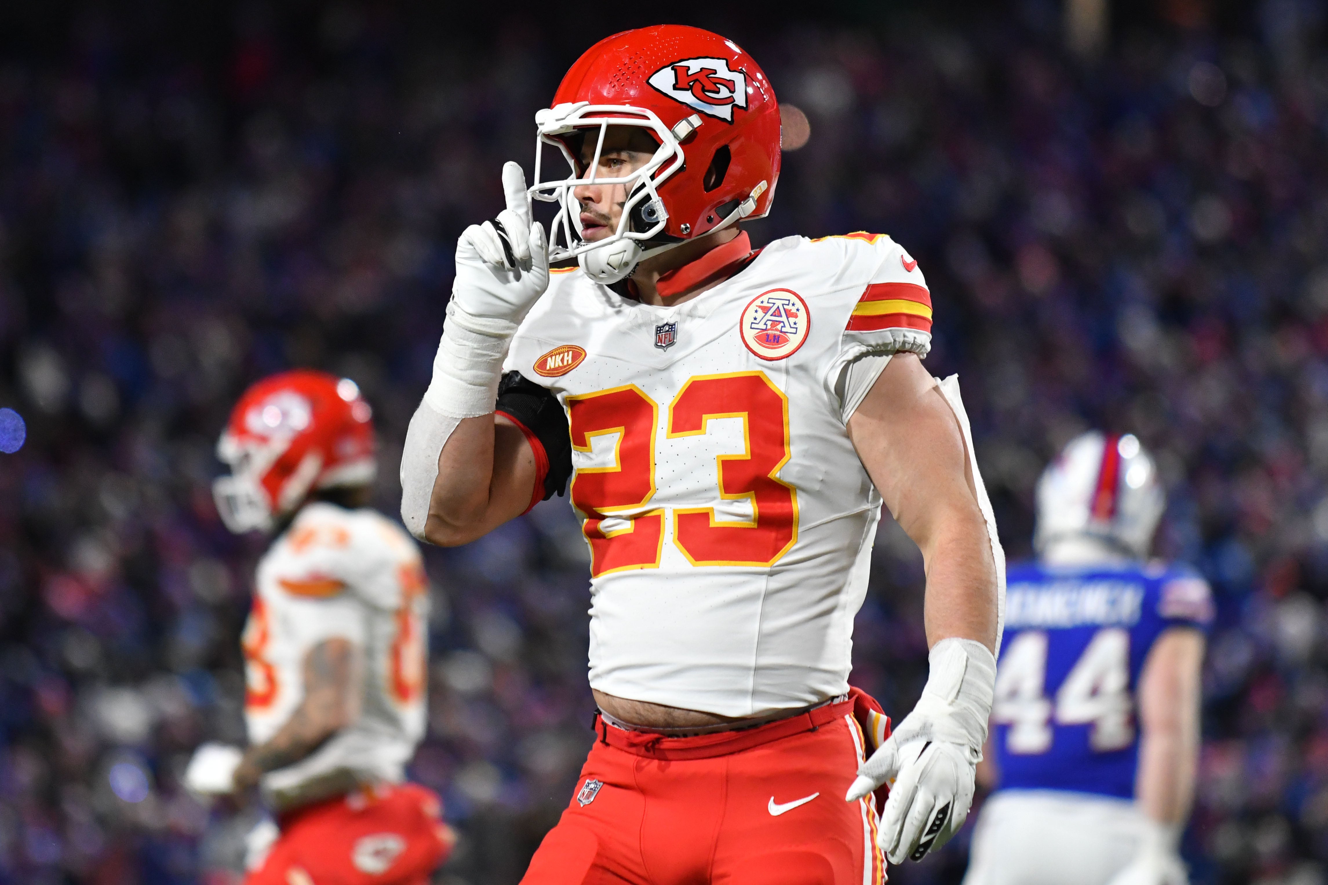 Jan 21, 2024; Orchard Park, New York, USA; Kansas City Chiefs linebacker Drue Tranquill (23) reacts against the Buffalo Bills in the second half of the 2024 AFC divisional round game at Highmark Stadium. Mandatory Credit: Mark Konezny-USA TODAY Sports