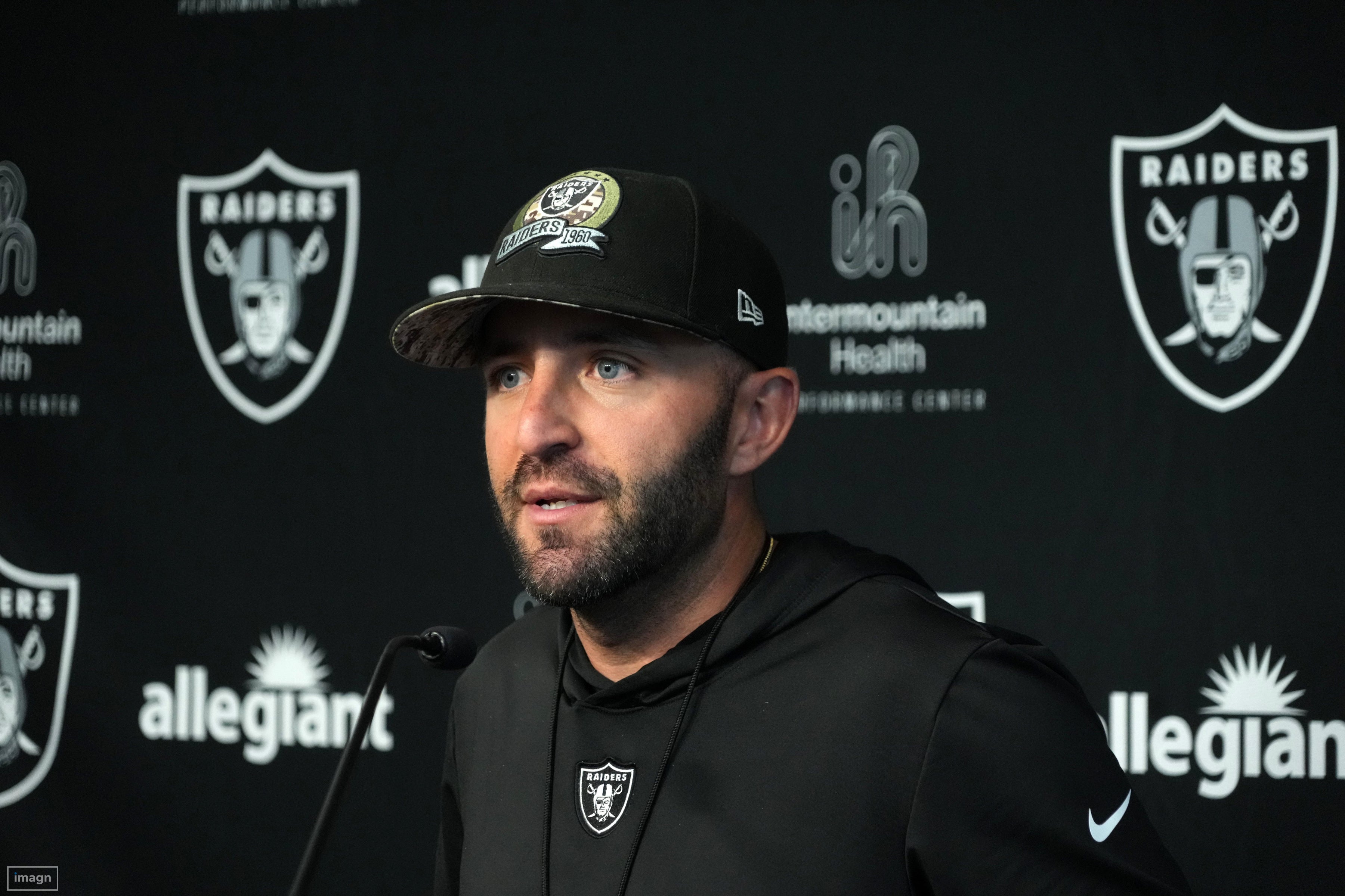 Jul 31, 2023; Henderson, NV, USA; Las Vegas Raiders offensive coordinator Mick Lombardi during training camp press conference at the Intermountain Health Performance Center.