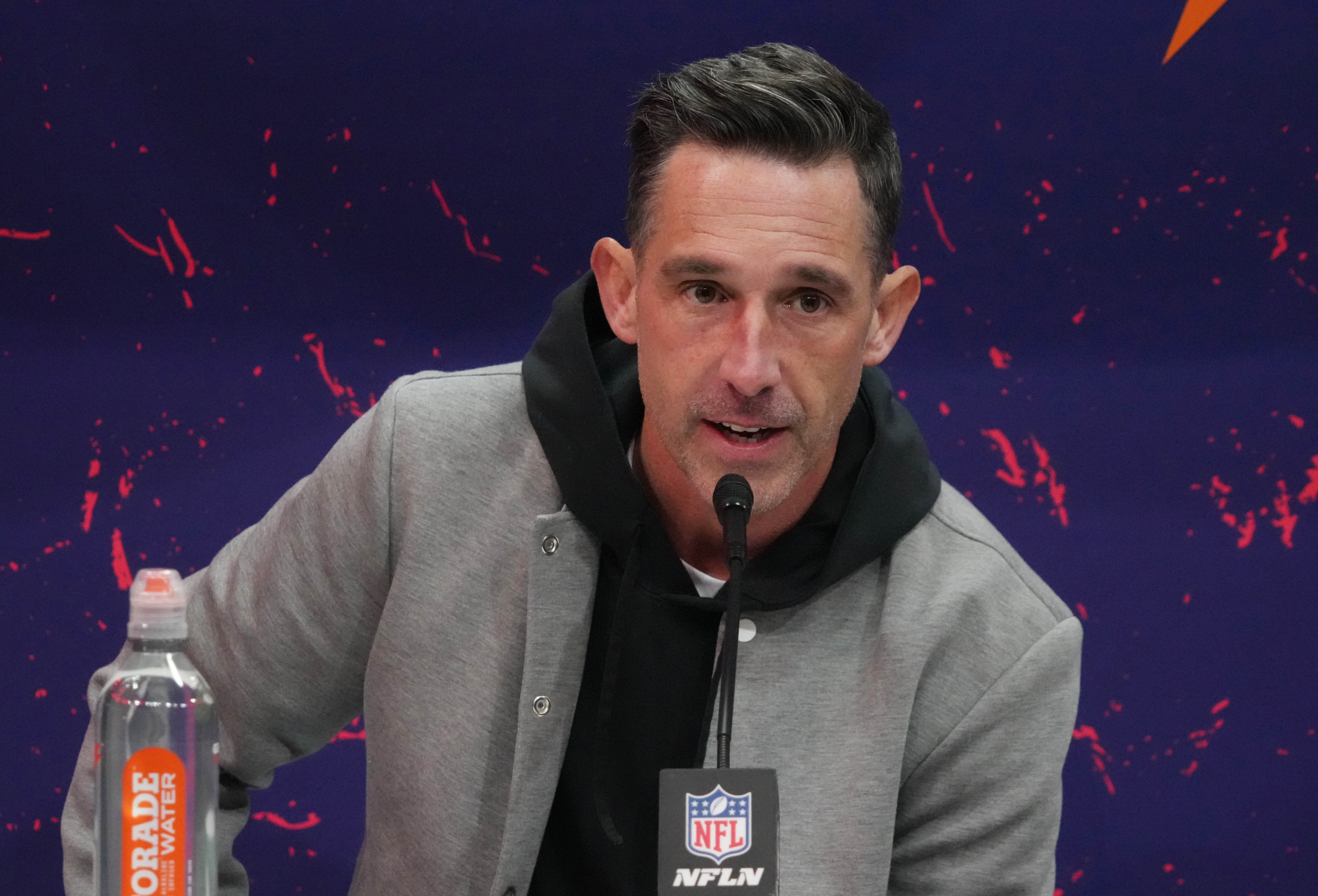 Feb 5, 2024; Las Vegas, NV, USA; San Francisco 49ers head coach Kyle Shanahan speaks during Super Bowl LVIII Opening Night at Allegiant Stadium.