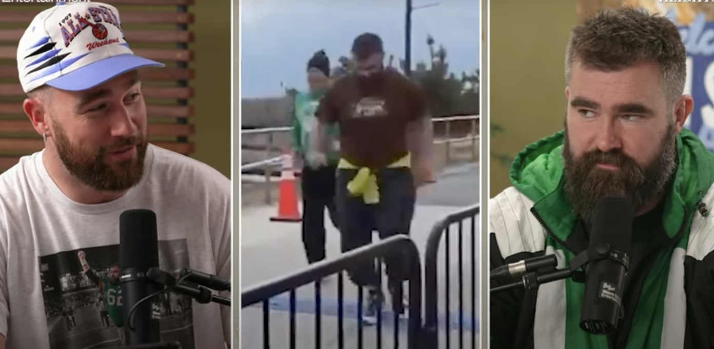 Travis Kelce roasts Jason Kelce for his 5k time during this week's "New Heights" podcast episode.