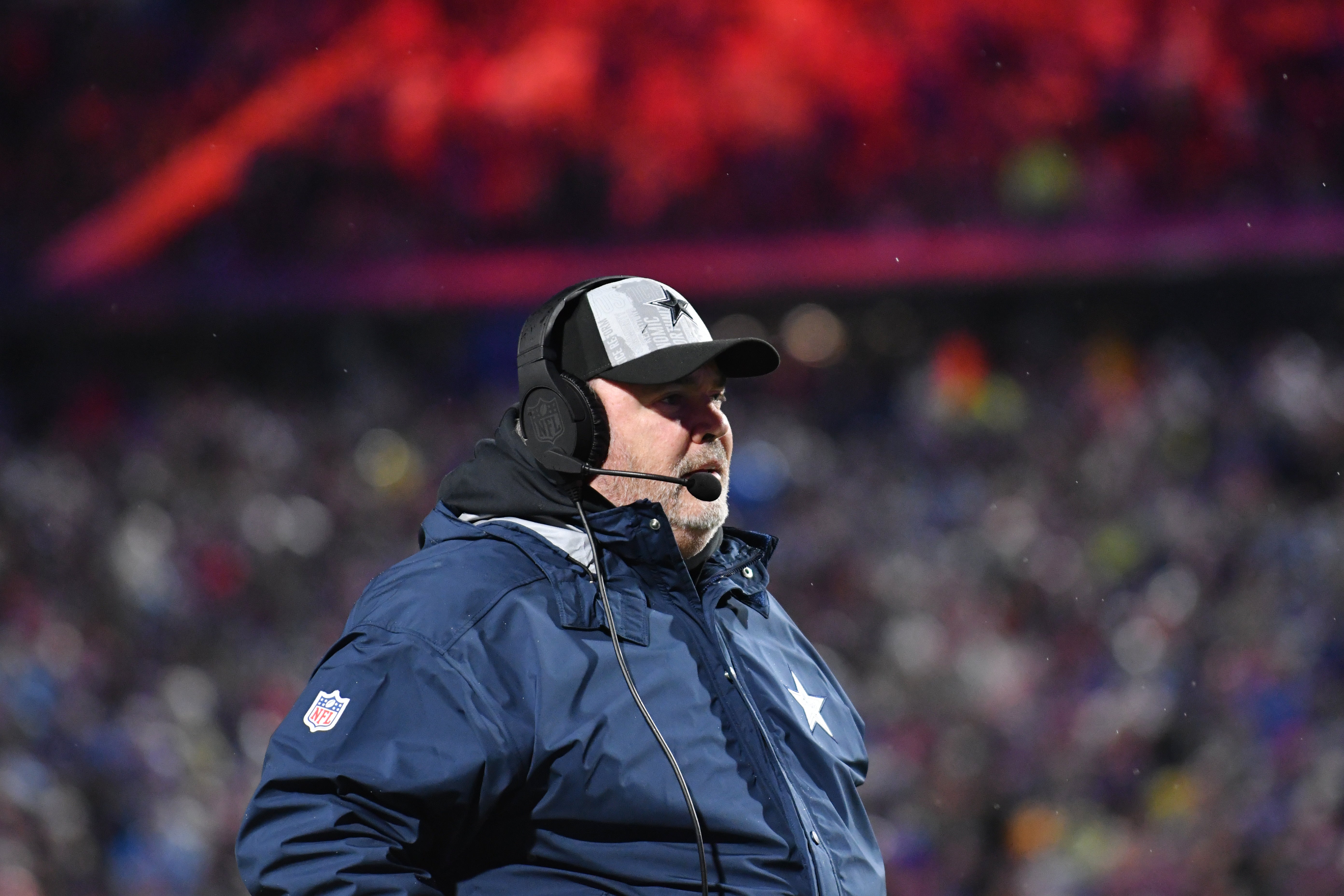 Dallas Cowboys head coach Mike McCarthy looks on in the first half against the Buffalo Bills at Highmark Stadium.
