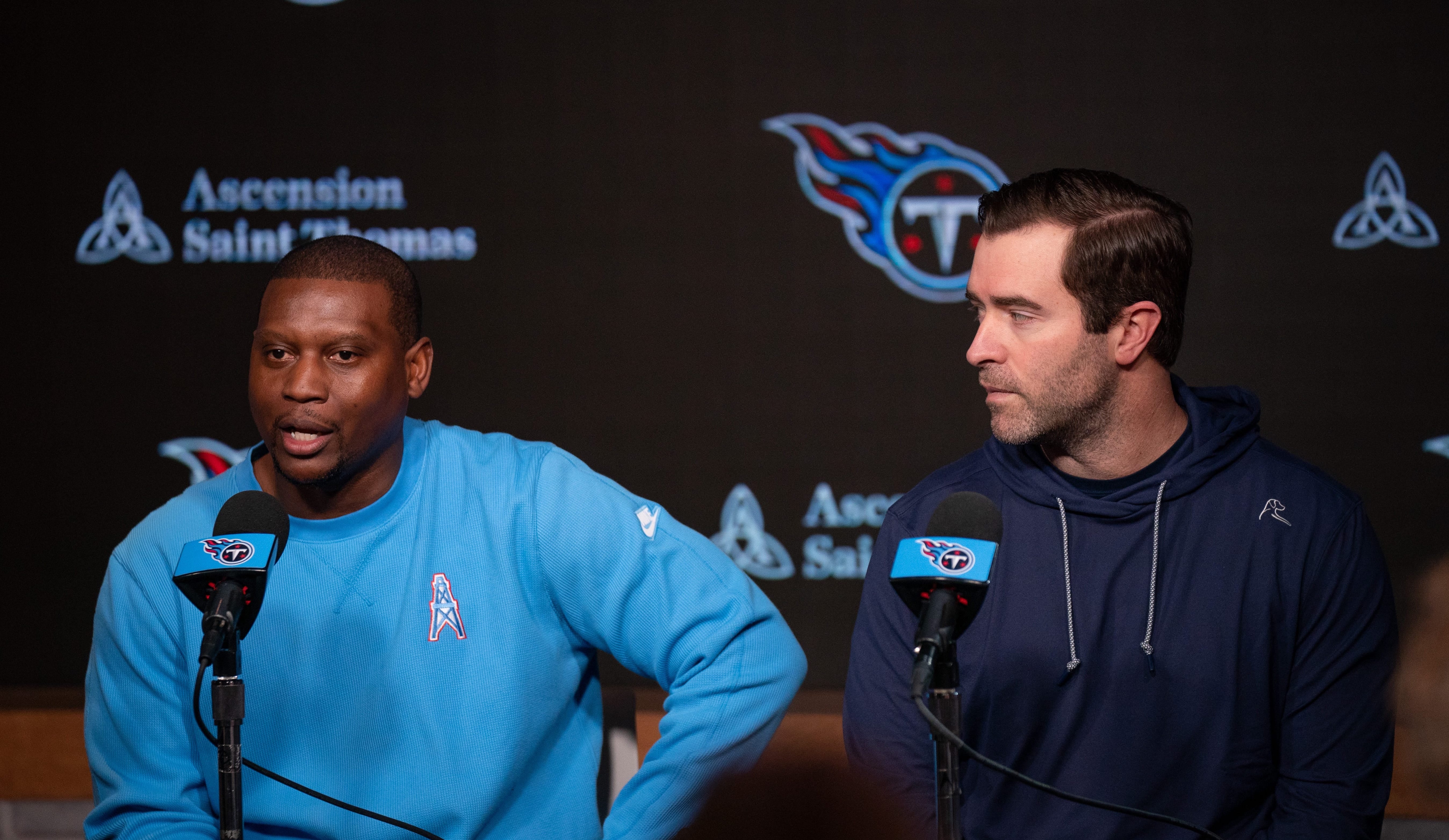 Tennessee Titans Defensive Coordinator Dennard Wilson, left, fields questions with Head Coach Brian Callahan at Ascension Saint Thomas Sports Park in Nashville, Tenn., Wednesday, Feb. 14, 2024 Denny Simmons / The Tennessean-USA TODAY NETWORK