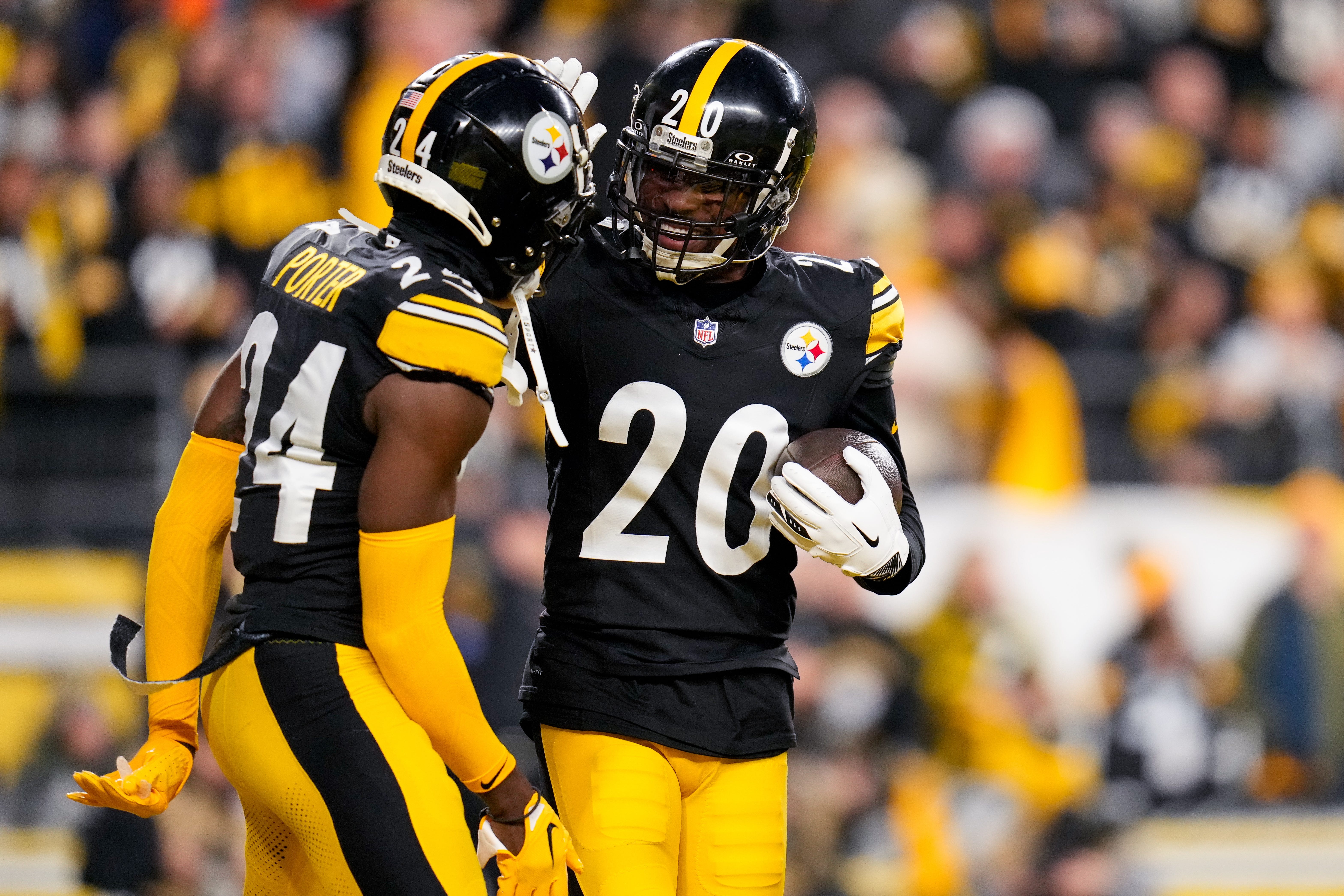 Pittsburgh Steelers cornerback Patrick Peterson (20) celebrates an interception in the first quarter of the NFL 16 game between the Pittsburgh Steelers and the Cincinnati Bengals at Acrisure Stadium in Pittsburgh on Saturday, Dec. 23, 2023. The Steelers led 24-0 at halftime