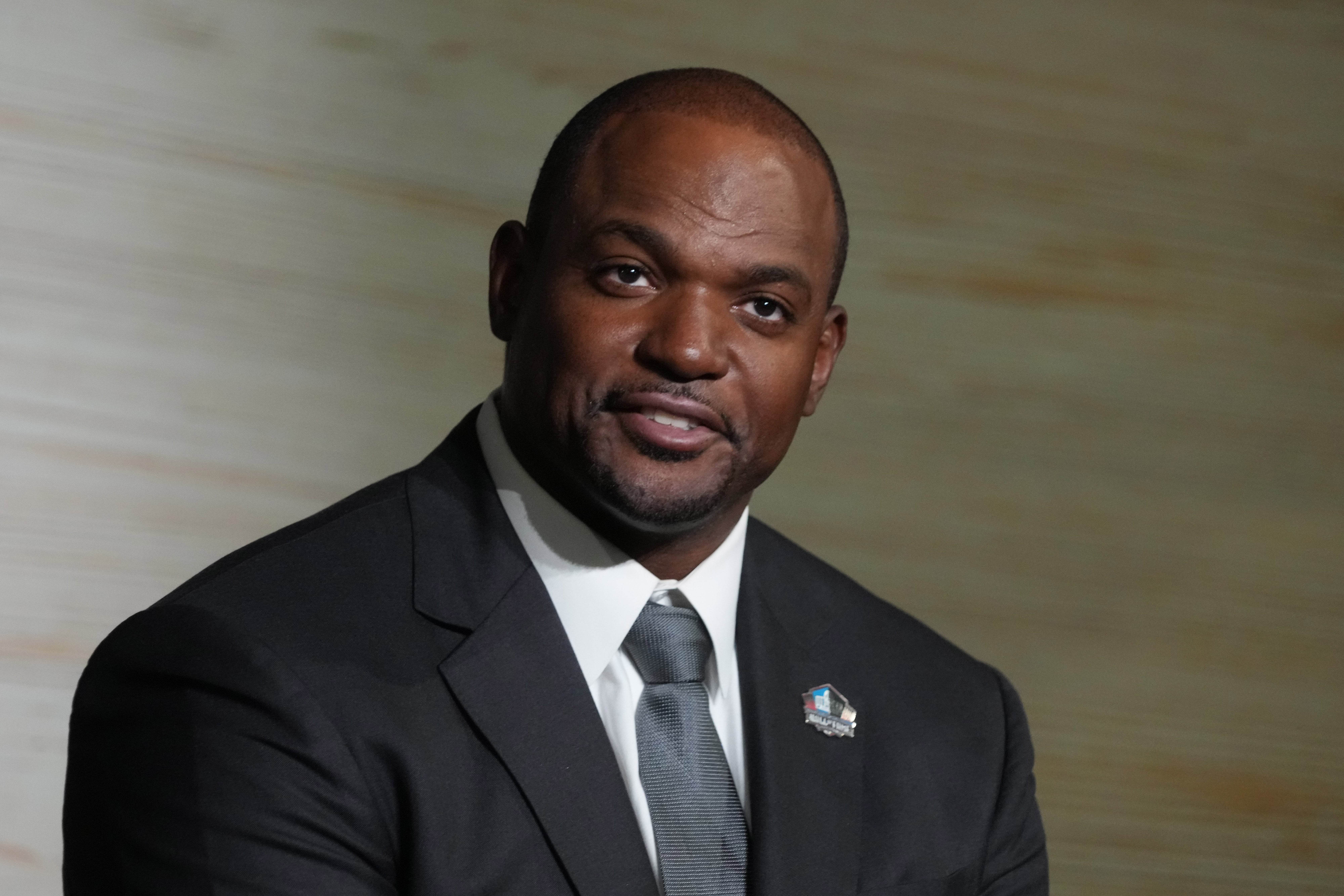 Feb 8, 2024; Las Vegas, NV, USA; Dwight Freeney during the Pro Football Hall of Fame Class of 2024 press conference at the Resorts World Theatre.