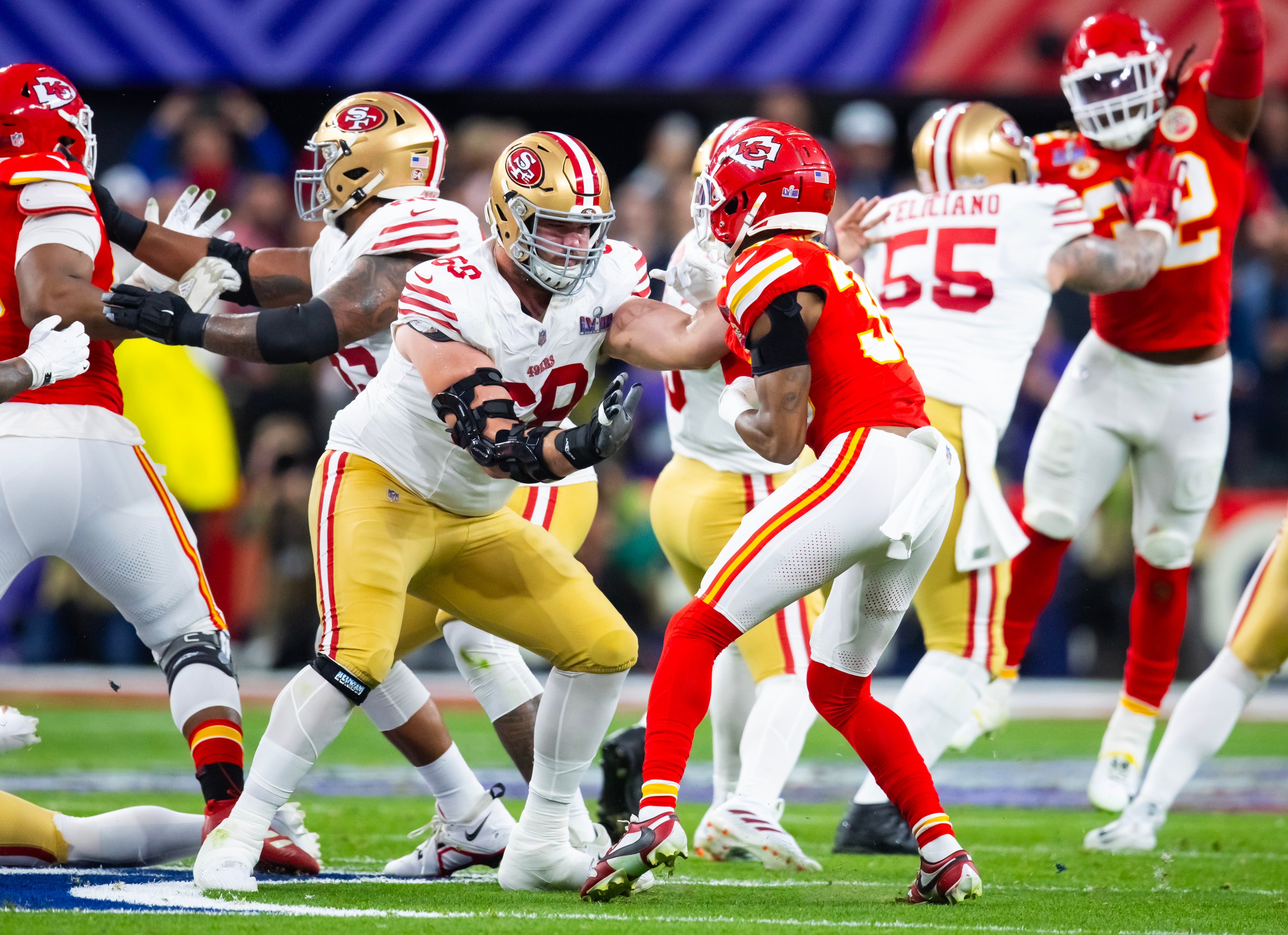 Feb 11, 2024; Paradise, Nevada, USA; San Francisco 49ers offensive tackle Colton McKivitz (68) against the Kansas City Chiefs in Super Bowl LVIII at Allegiant Stadium.