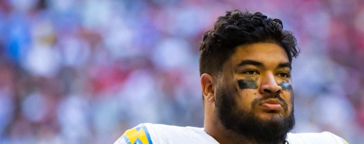 Nov 27, 2022; Glendale, AZ, USA; Los Angeles Chargers defensive tackle Breiden Fehoko (96) against the Arizona Cardinals at State Farm Stadium. Mandatory Credit: Mark J. Rebilas-USA TODAY Sports