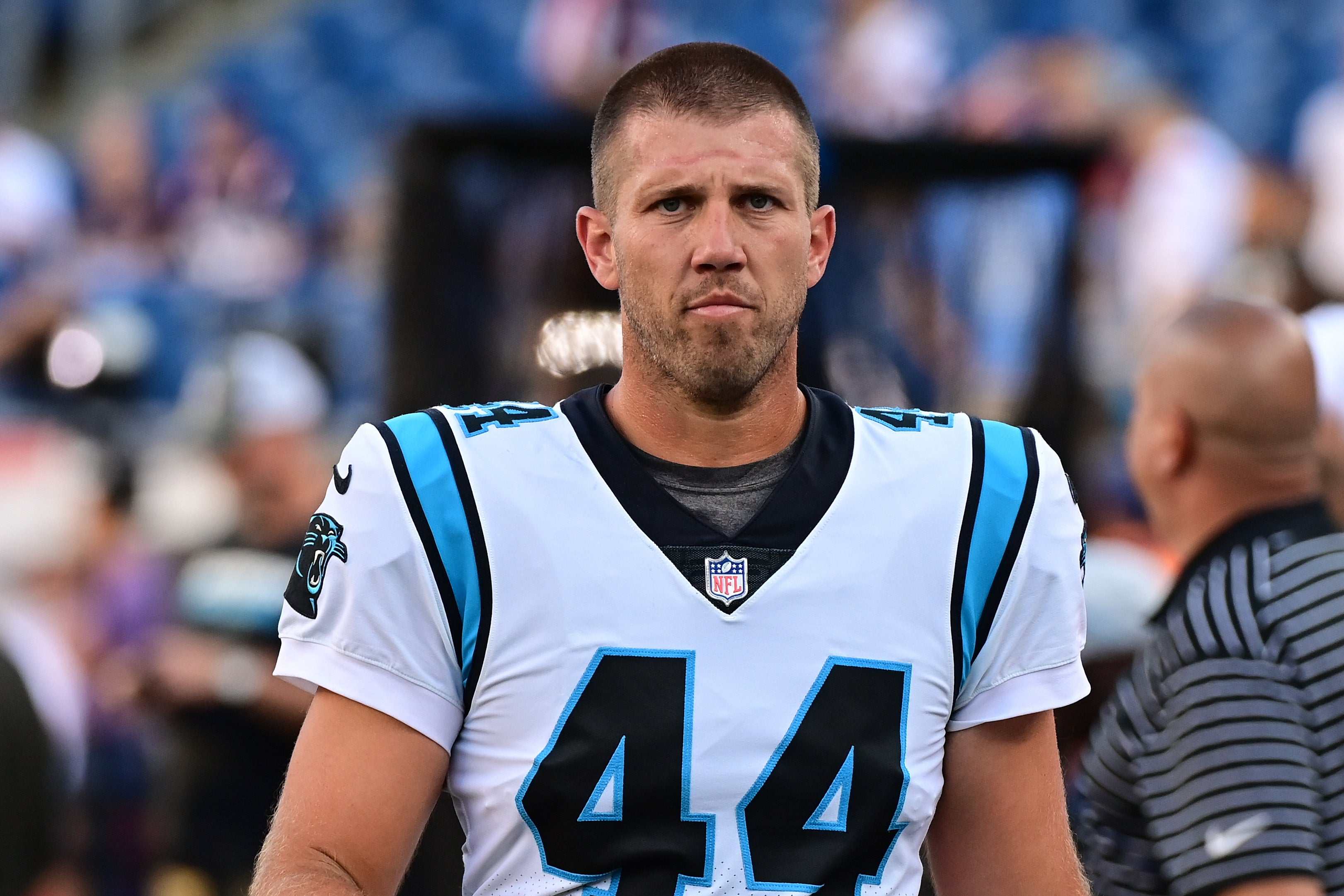 Aug 19, 2022; Foxborough, Massachusetts, USA; Carolina Panthers long snapper J.J. Jansen (44) warms up before a preseason game against the New England Patriots at Gillette Stadium. Mandatory Credit: Eric Canha-USA TODAY Sports
