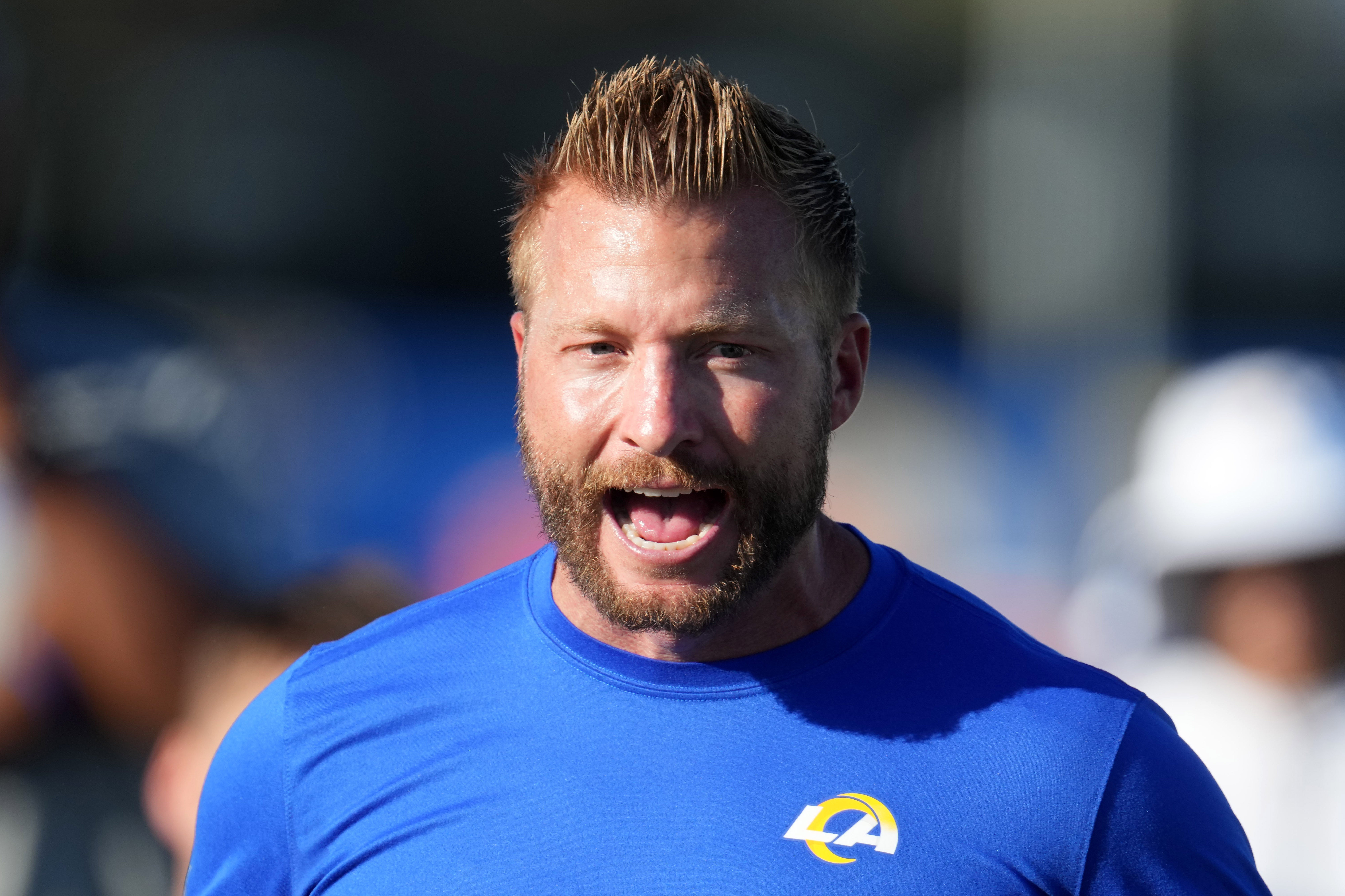 Jul 26, 2023; Irvine, CA, USA; Los Angeles Rams coach Sean McVay during training camp at UC Irvine. Mandatory Credit: Kirby Lee-USA TODAY Sports